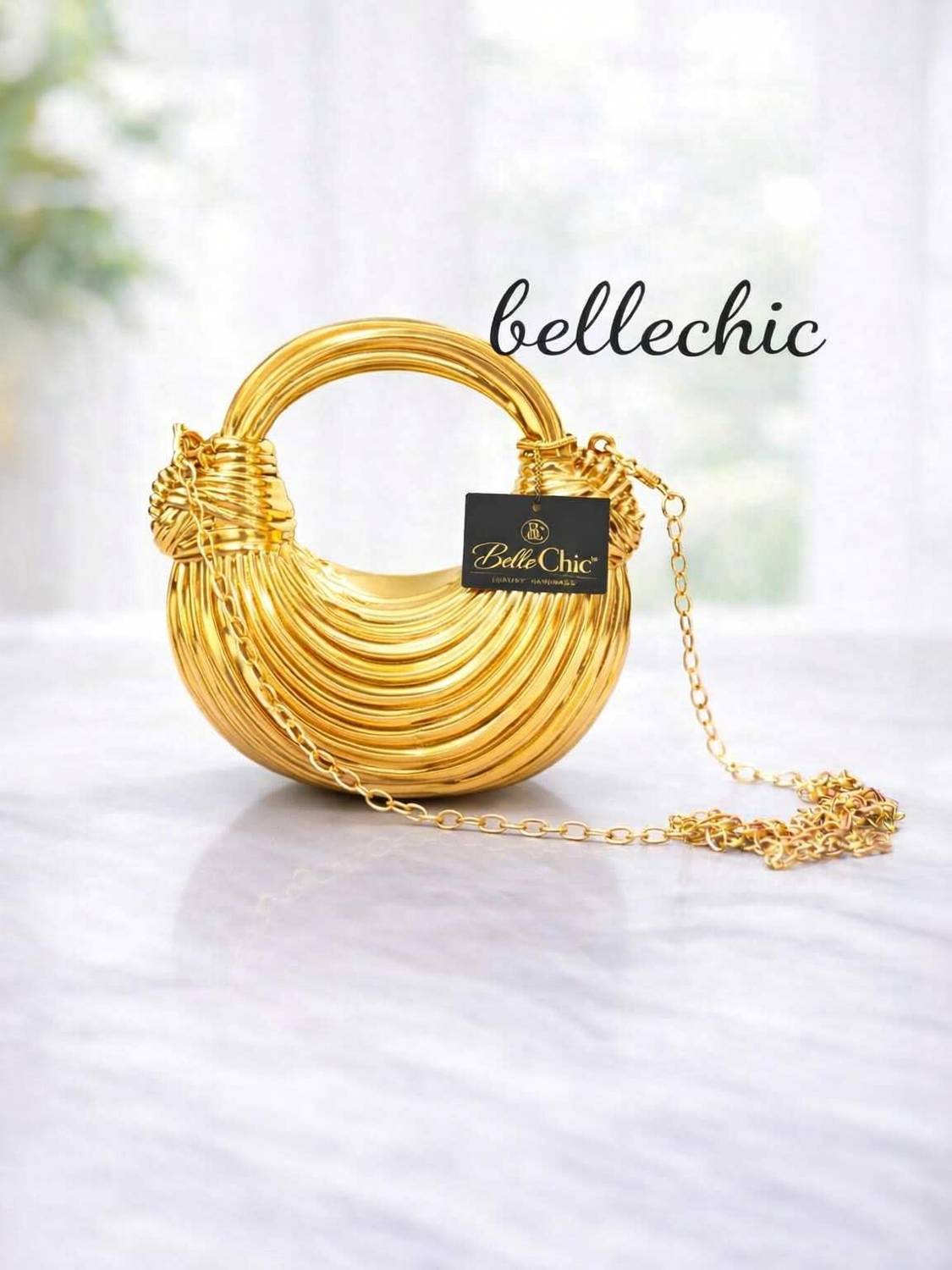 bellechic Gold Clutch Metallic Mini Handbag Glosy Crescent Shape Crossbody Sling Bag with Golden Chain