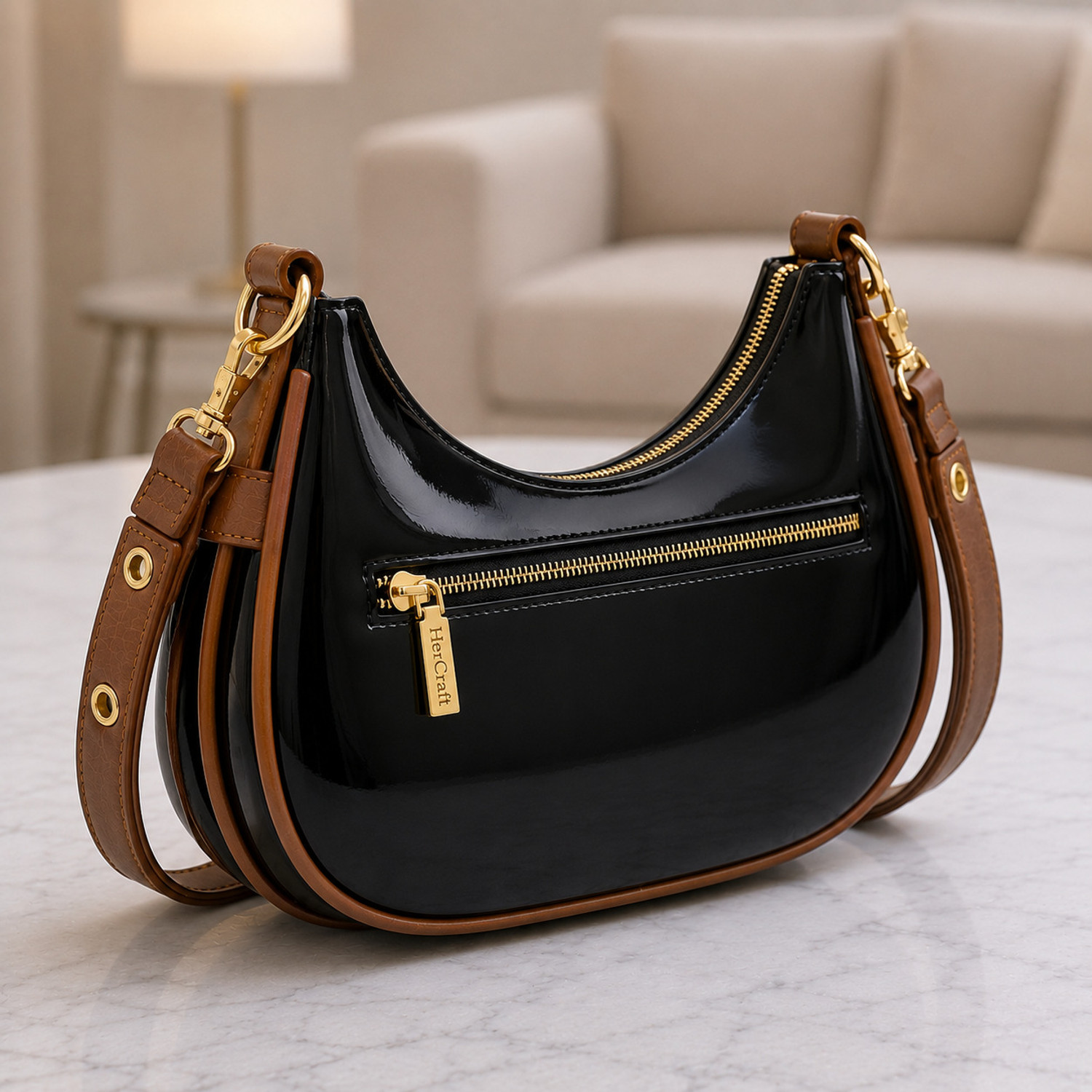 Image of Hercraft Black Sling Bag Women Patent Leather Shoulder Bag with Detachable Adjustable Sling Strap