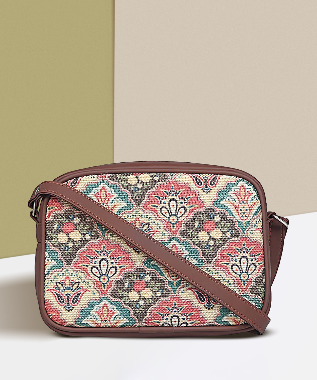 Image of ZOUK Multicolor Sling Bag for women Handmade Bags for Females Vegan Leather and Indian Fabric