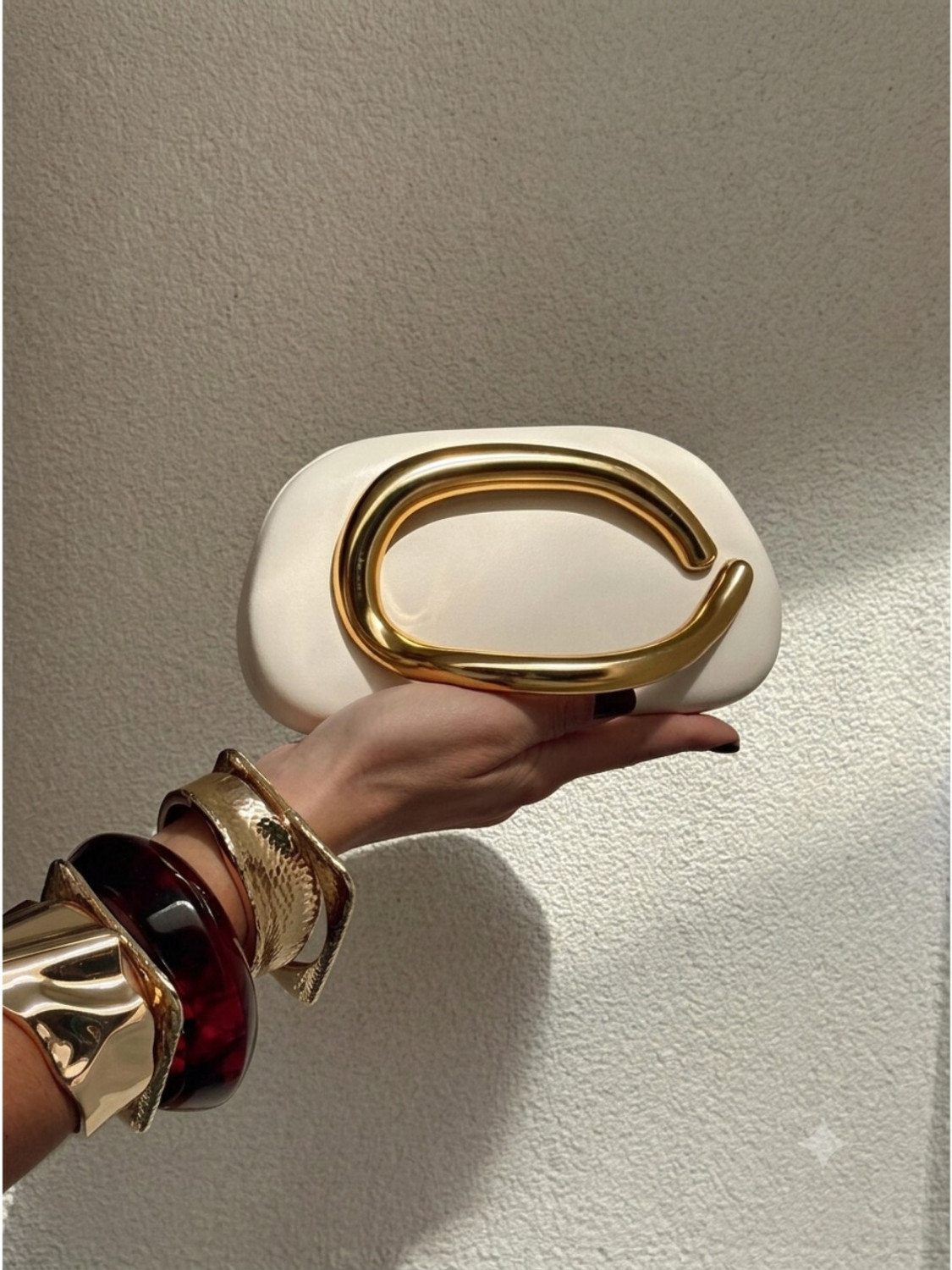 baggies White Sling Bag Sculptural Gold Loop Clutch handbag