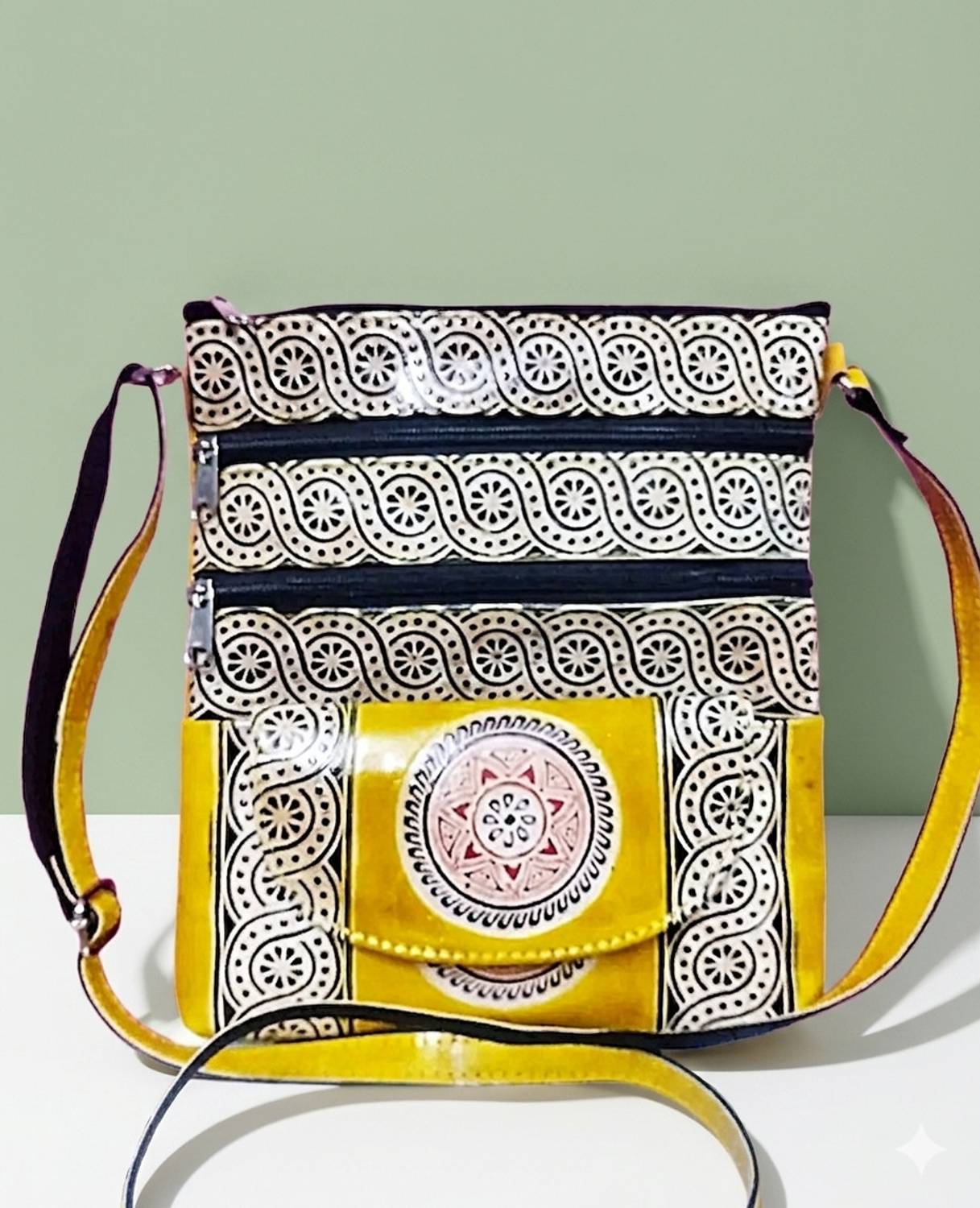Aethel Craft Yellow, Black Sling Bag Stylish printed sling bag for women