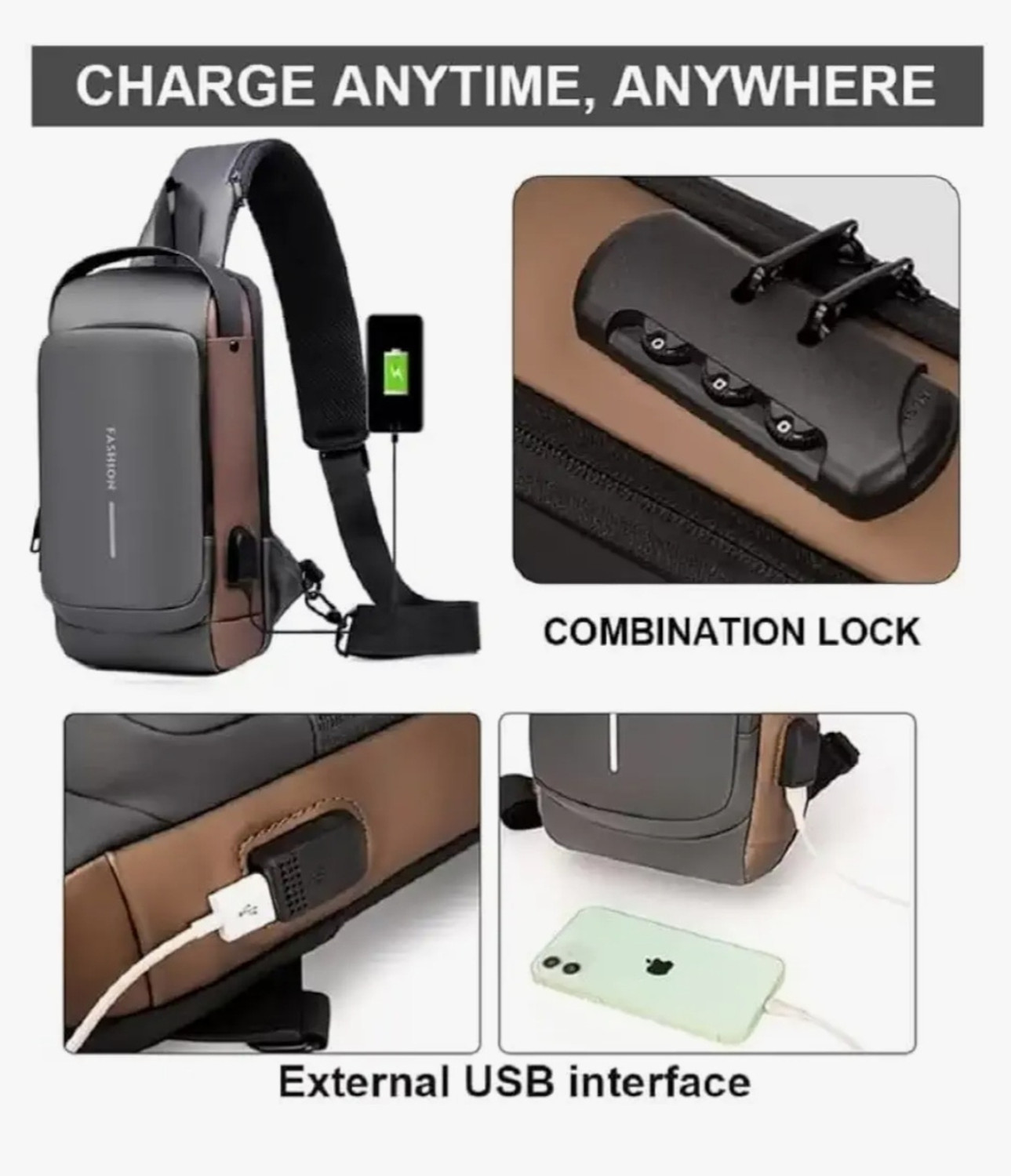 Image of fashnita Black, Brown Shoulder Bag sling bag businessman bag chest cross body bag with USB charging port