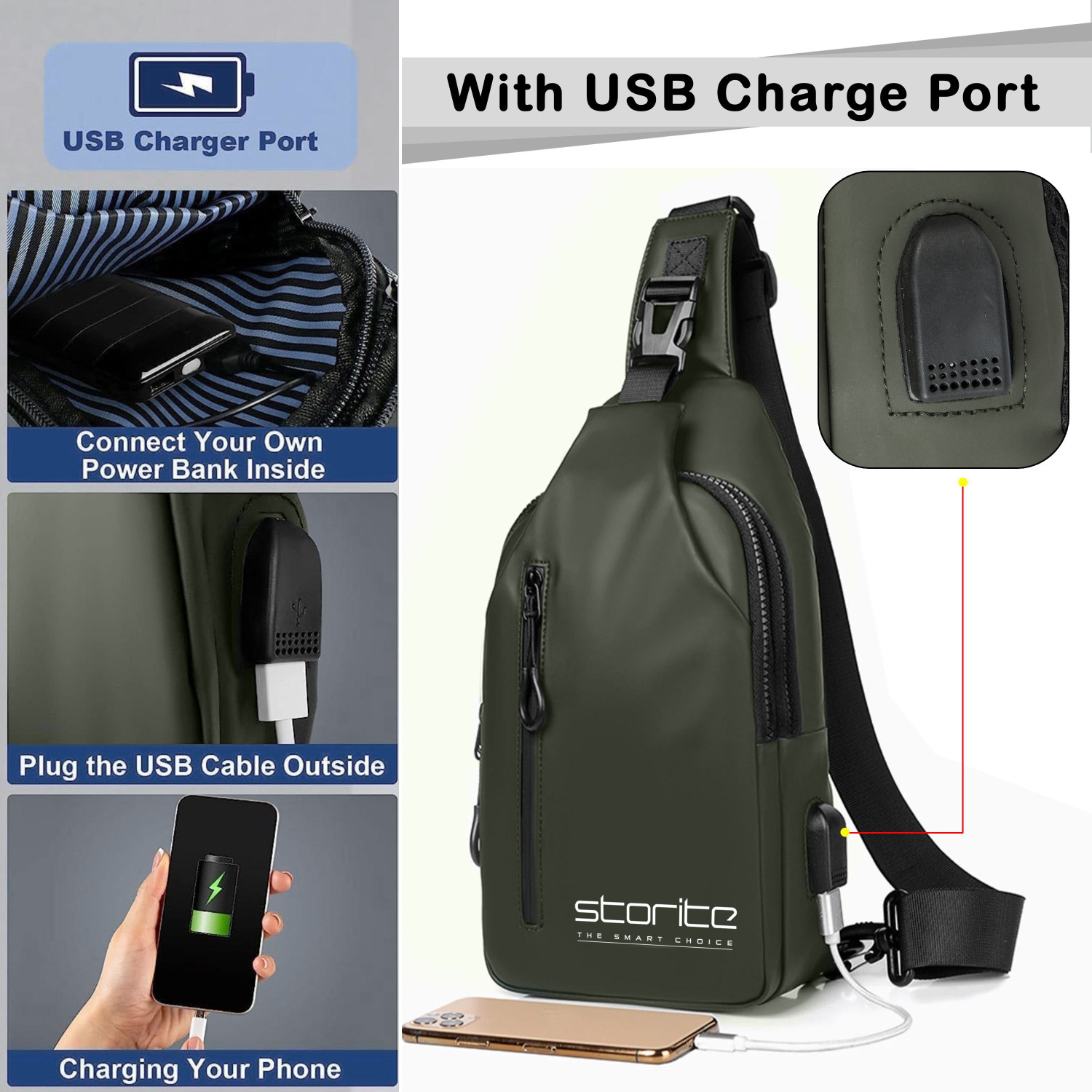 Image of STORITE Green Shoulder Bag Anti-Theft Cross Body Chest Bags With USB Charger Port