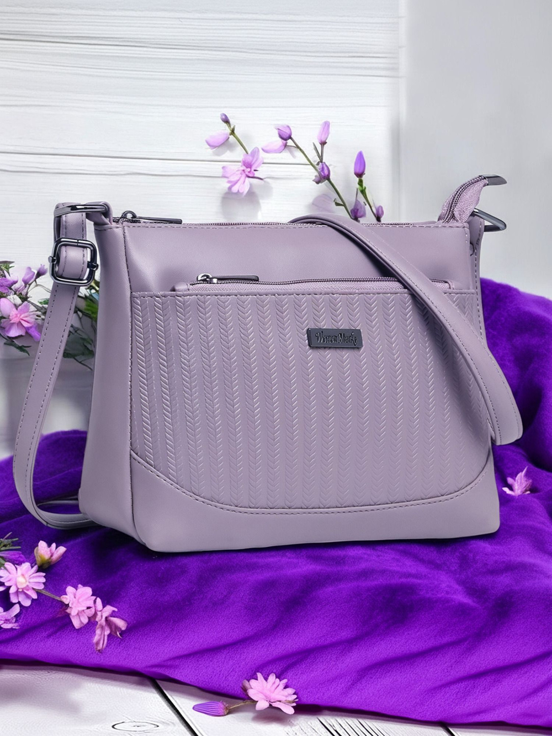 Image of Women Marks Purple Sling Bag Leaf Embossed Pattern