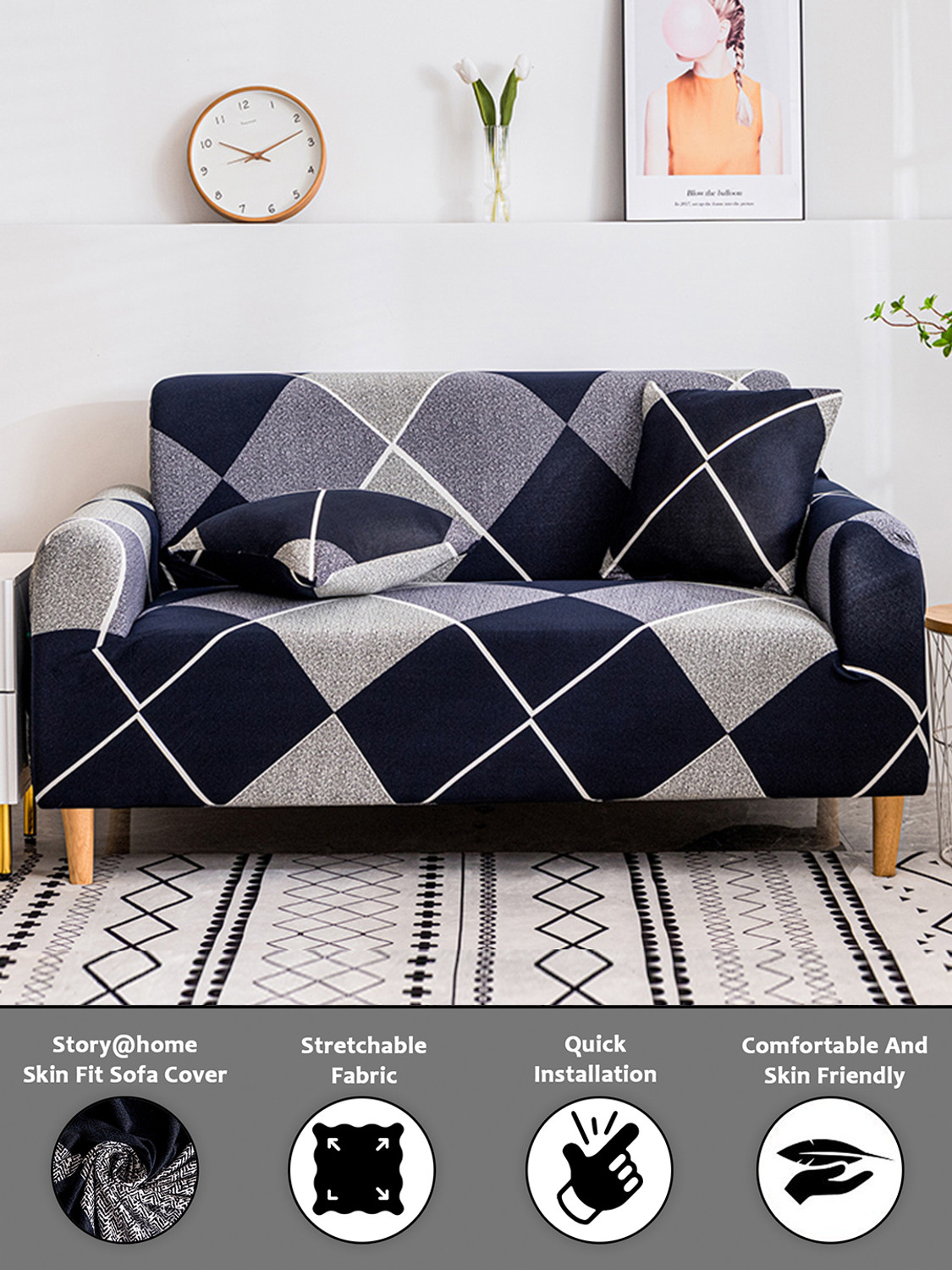 Image of Story@home Polyester 3 Seater Sofa Abstract Cover