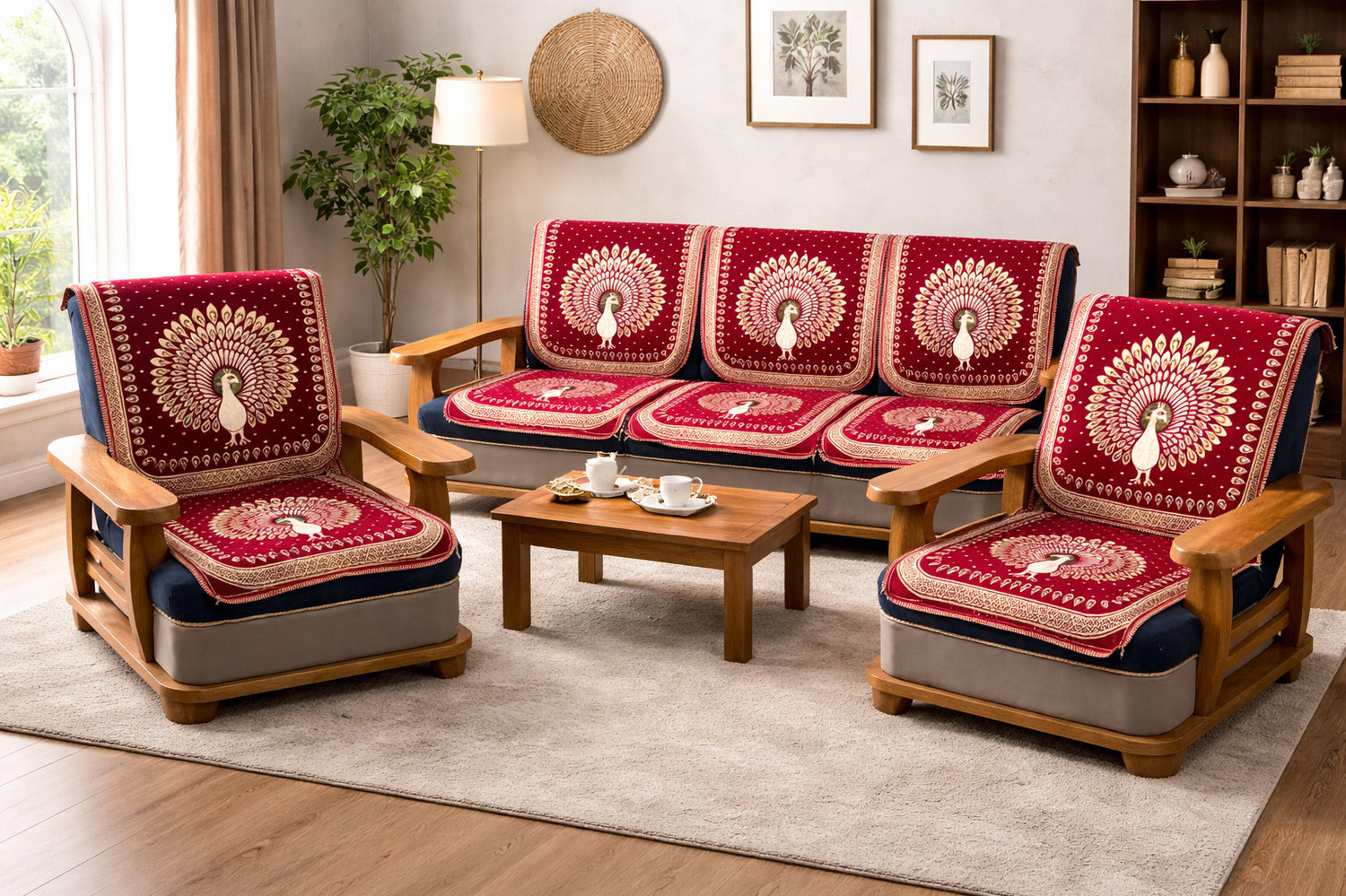 Image of HANICRAFT Cotton 3+1+1 Seater Sofa Animal Cover (Pack of 1 Mehroon)