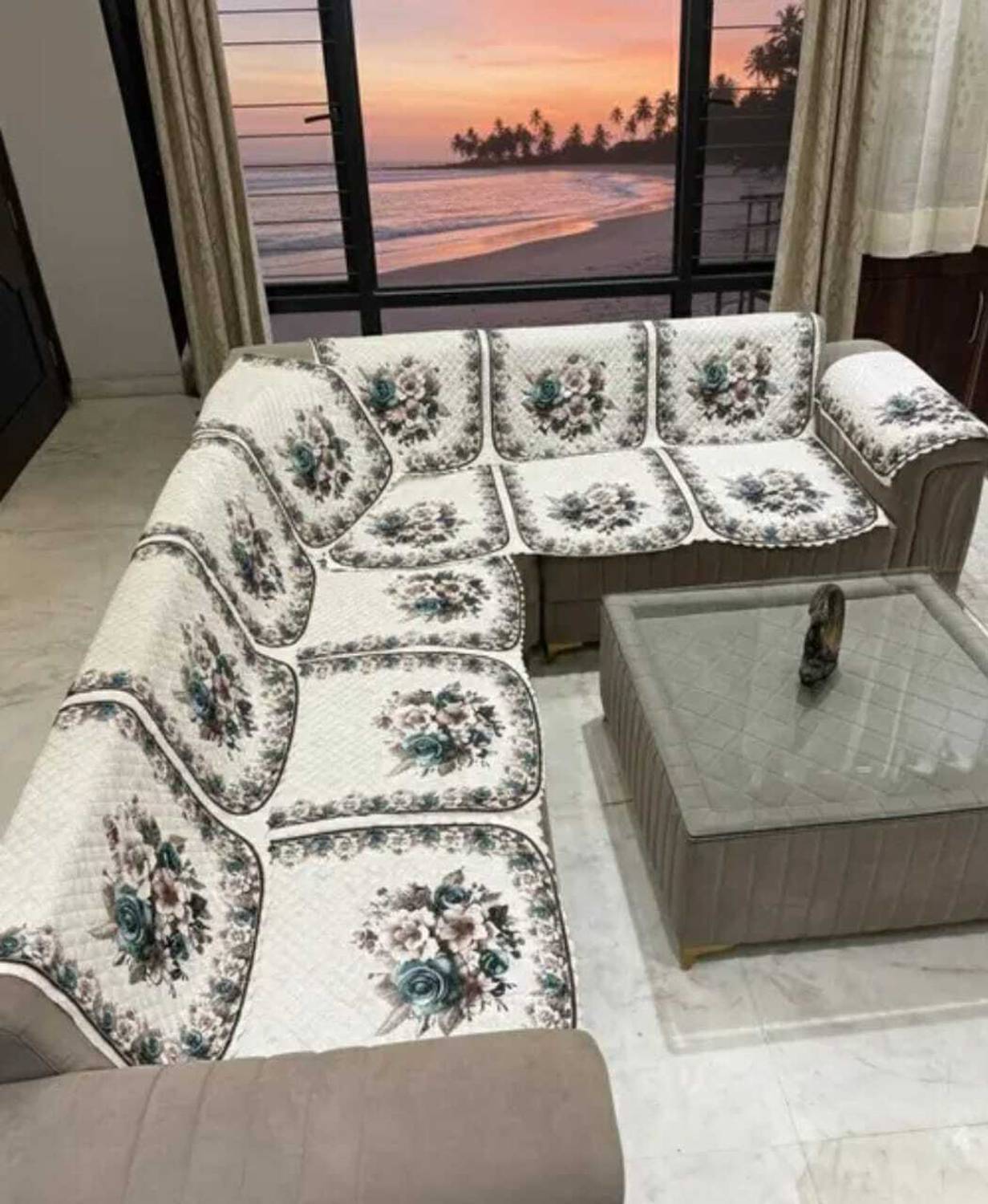 Alkaylaa Velvet 3+2 Seater L-Shape Sofa Floral Cover