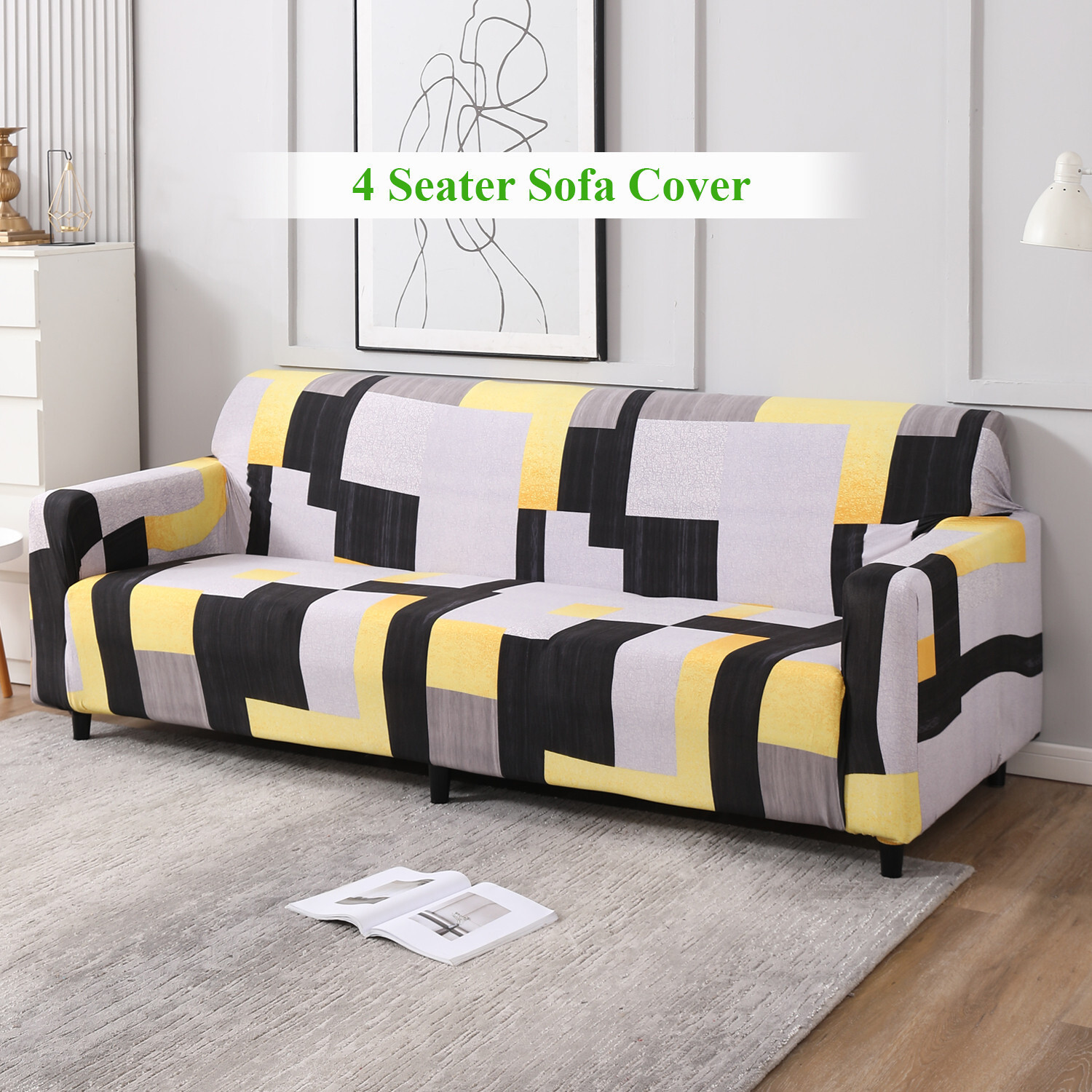 Image of HOKiPO Polyester 4 Seater Sofa Geometric Cover