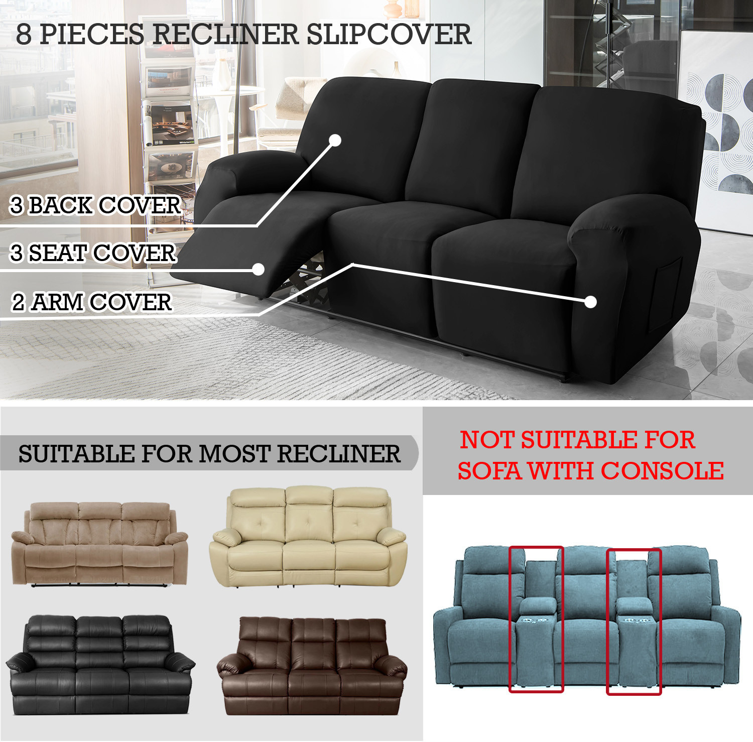 Image of HOKiPO Polyester 3 Seater Sofa Plain Cover
