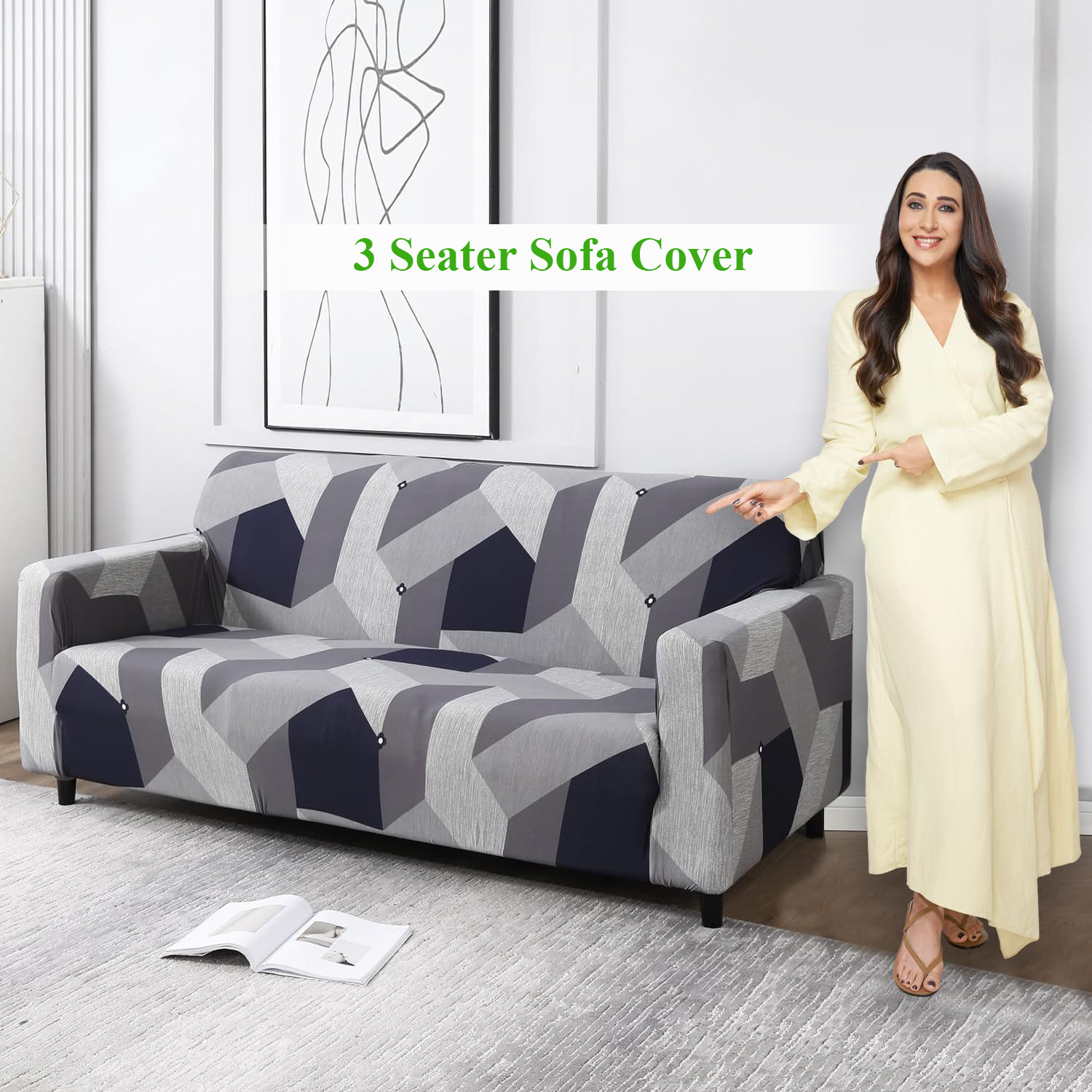 Image of HOKiPO Polyester 3 Seater Sofa Geometric Cover