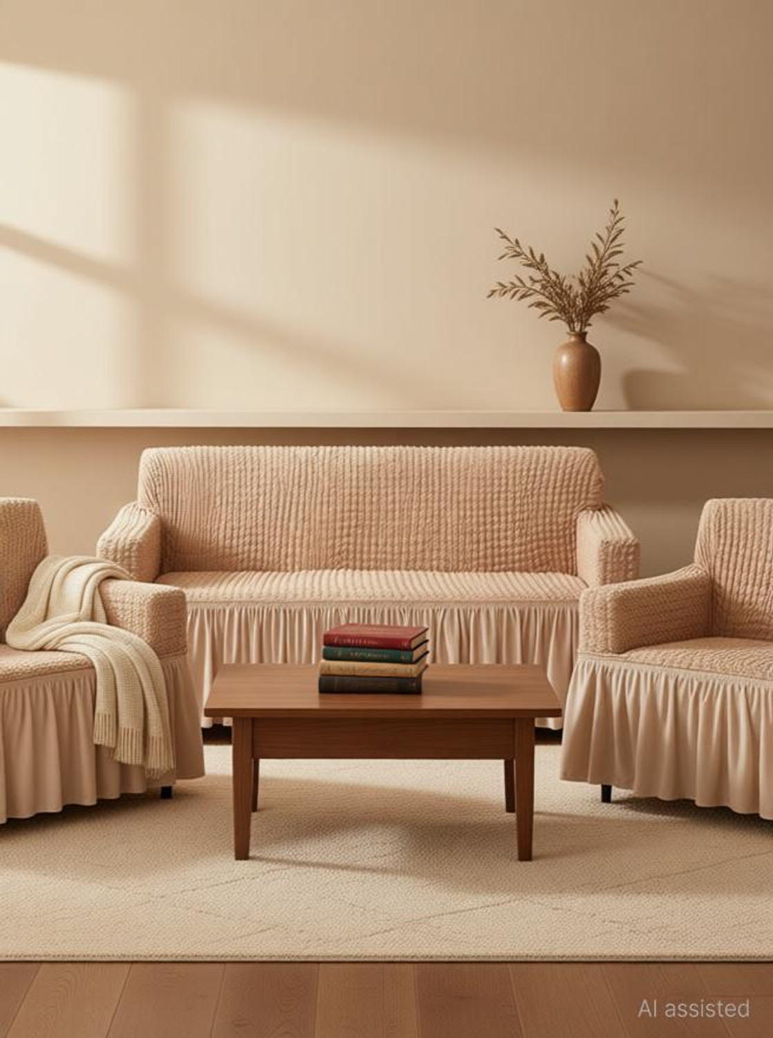 Image of furshine Polyester 3+1+1 Seater Sofa Plain Cover (Pack of 1 Beige)