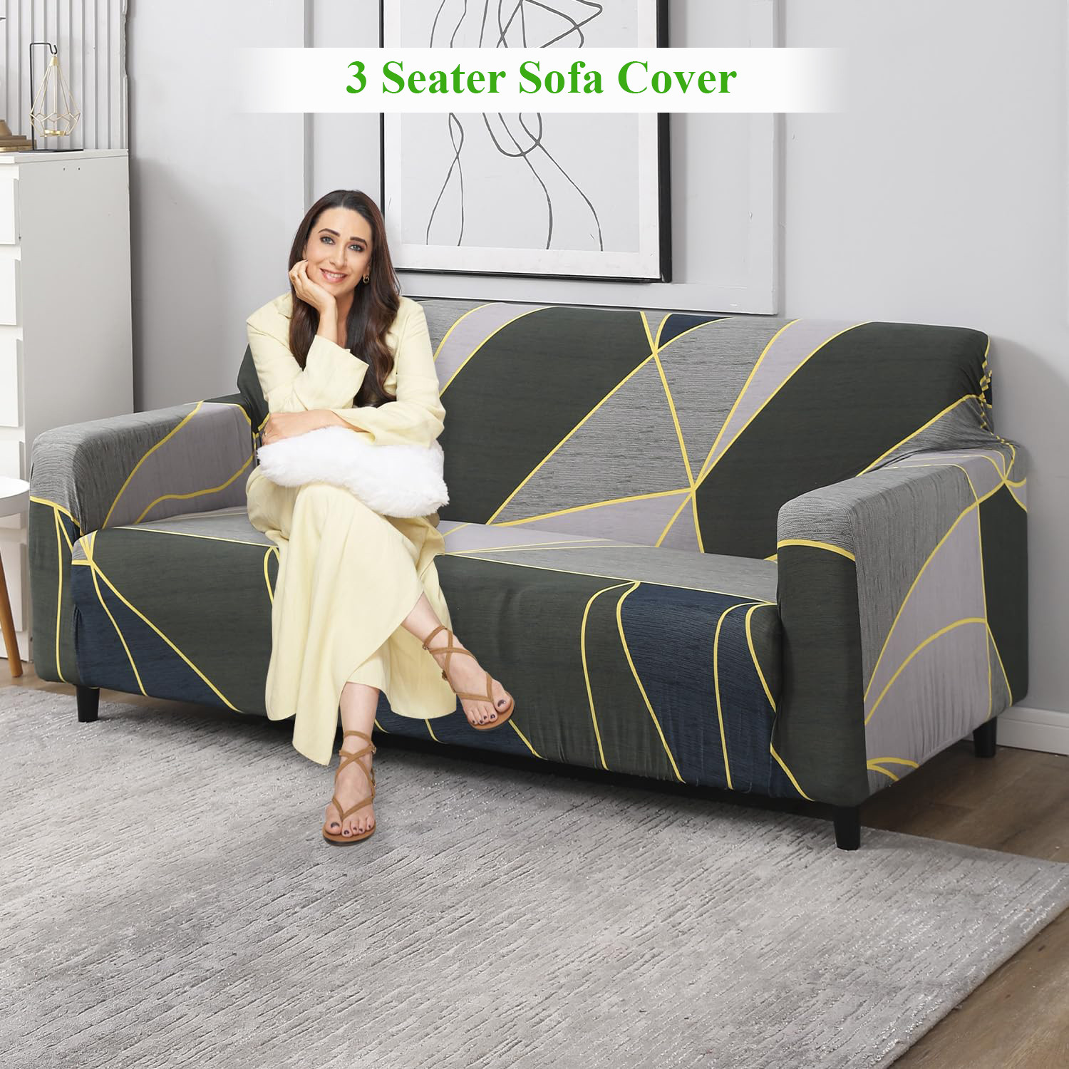 Image of HOKiPO Polyester 3 Seater Sofa Geometric Cover