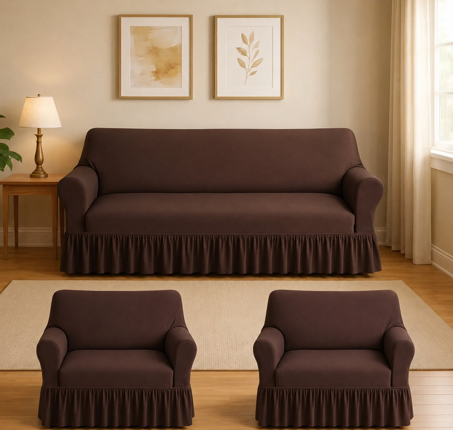 Image of RADHE ENTERPRISES Polycotton 3+1+1 Seater Sofa Geometric Cover (Pack of 3 Brown)