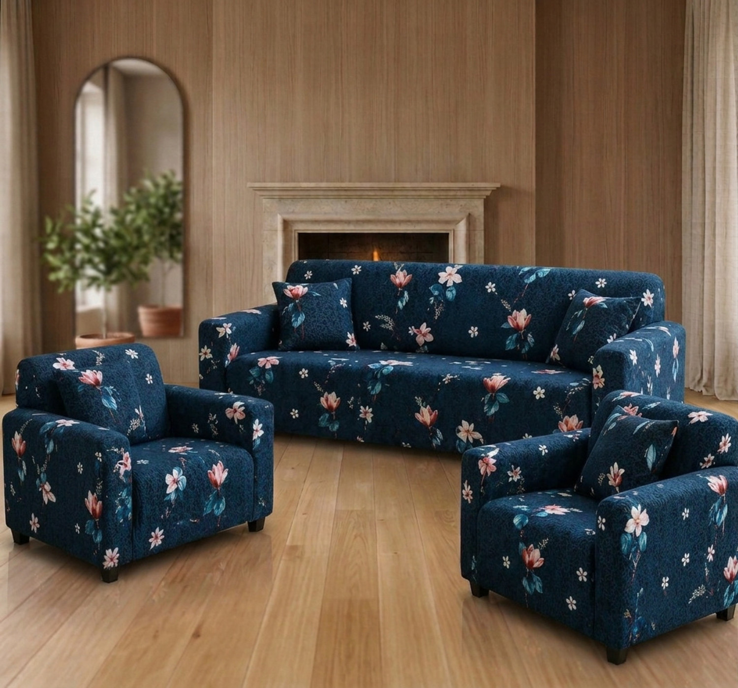 Image of Sahib Polycotton 3+1+1 Seater Sofa Printed Cover (Pack of 3 Blue)