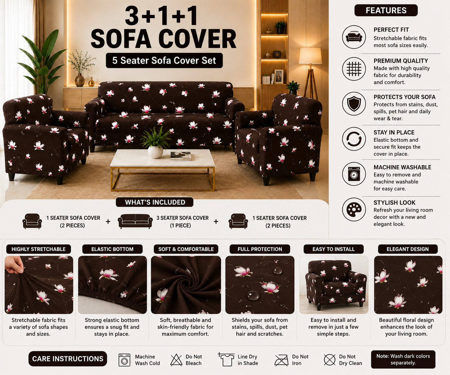 Image of Homesajja Polycotton 3+1+1 Seater Sofa Floral Cover
