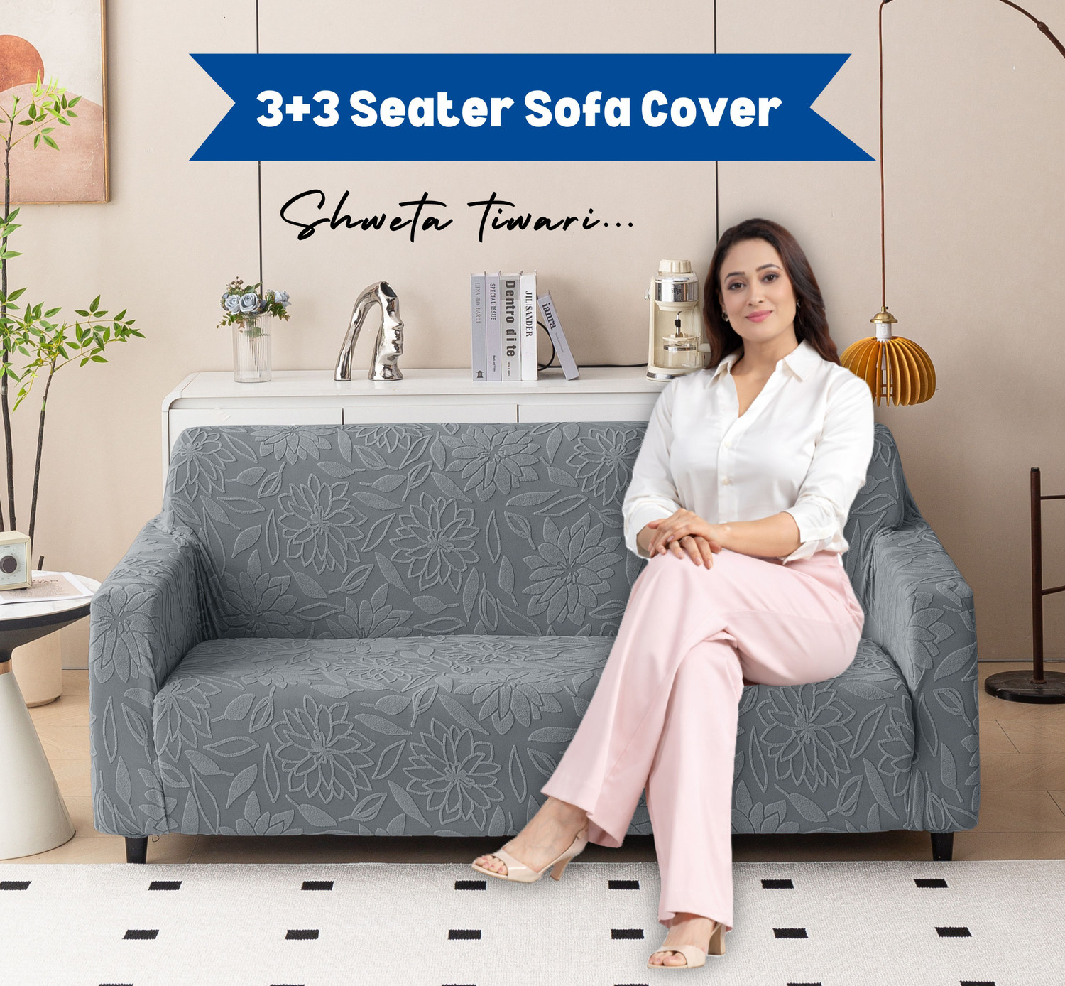 Image of Magical Jacquard 3+3 Seater L-Shape Sofa Floral Cover