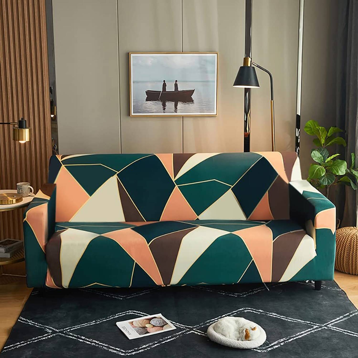 Garg Trading Comp GEO-DARK GREEN-CREAM Gorgeous Printed 3-Seater