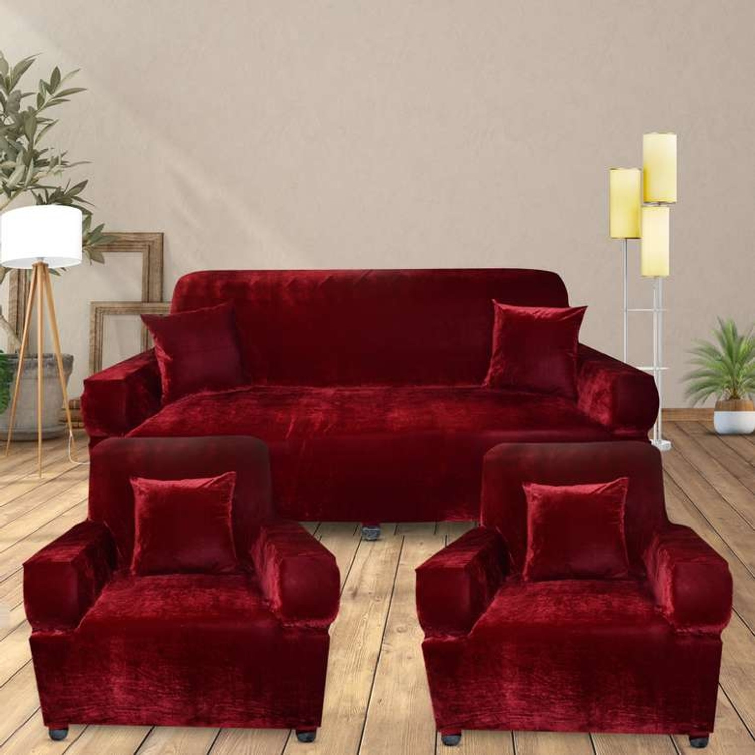 Image of Lakhdata Velvet 3+1+1 Seater Sofa Plain Cover (Pack of 3 Red)