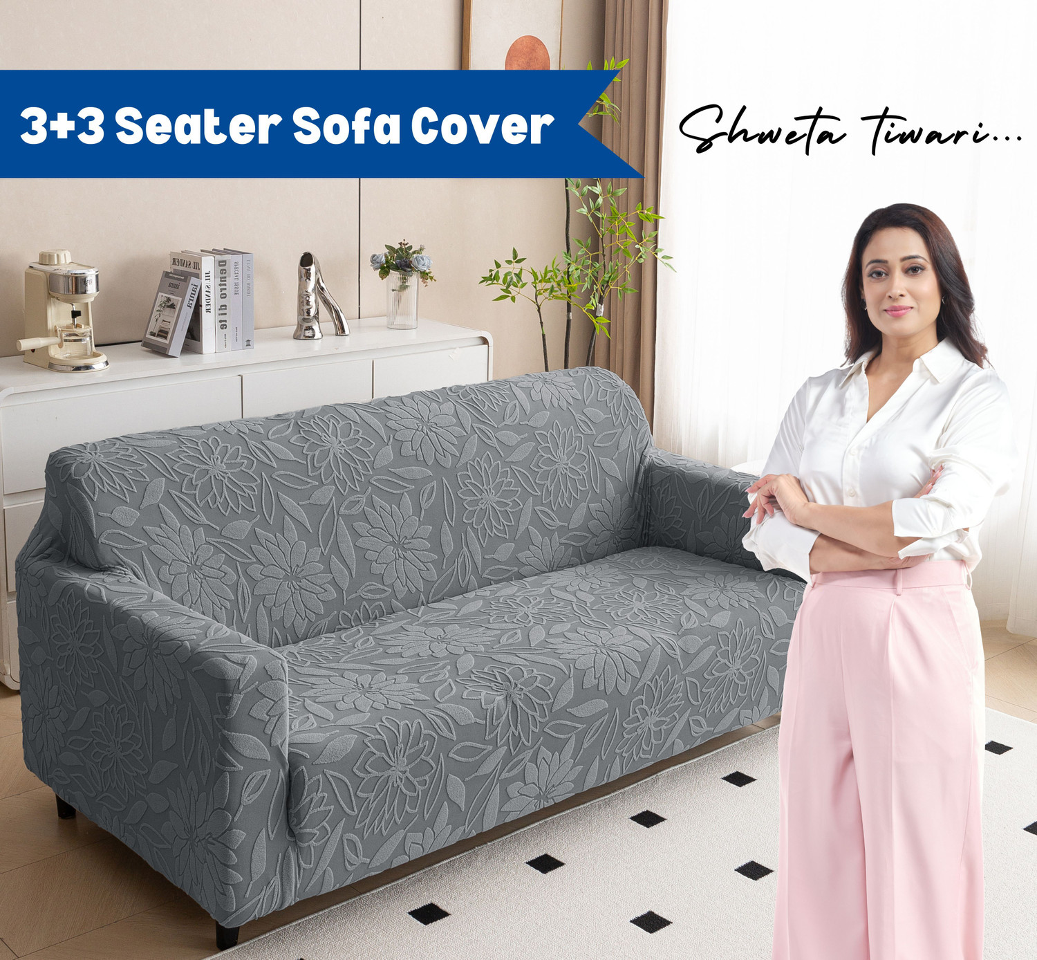 Image of Magical Jacquard 3+3 Seater L-Shape Sofa Floral Cover