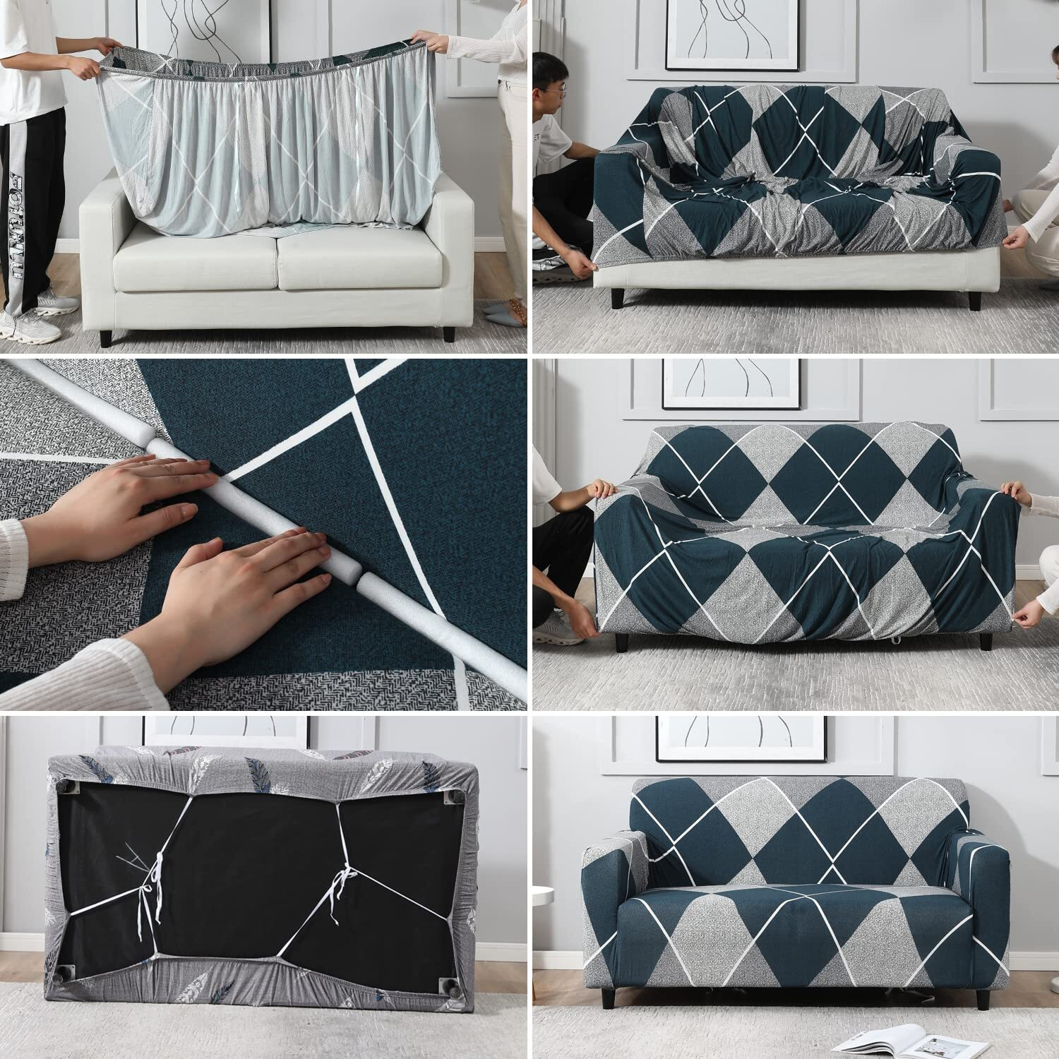 Image of Sahib Polyester 3+1+1 Seater Sofa Checkered Cover