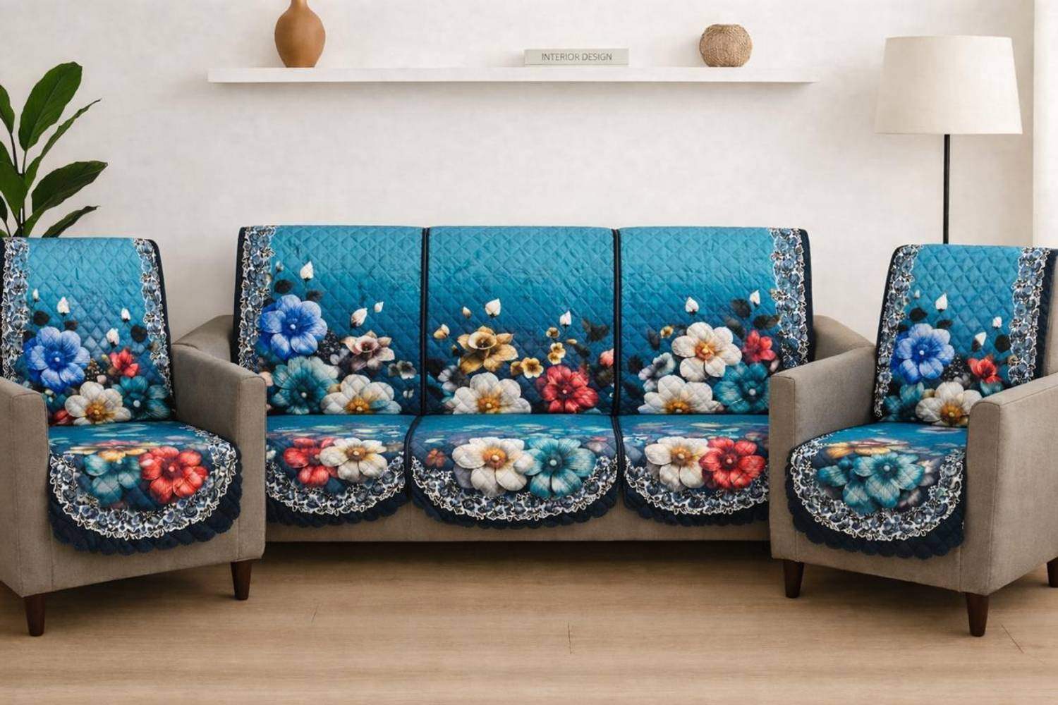 RSDECOR Velvet 3+1+1 Seater Sofa Floral Cover Green Pack of 10 - Image 1