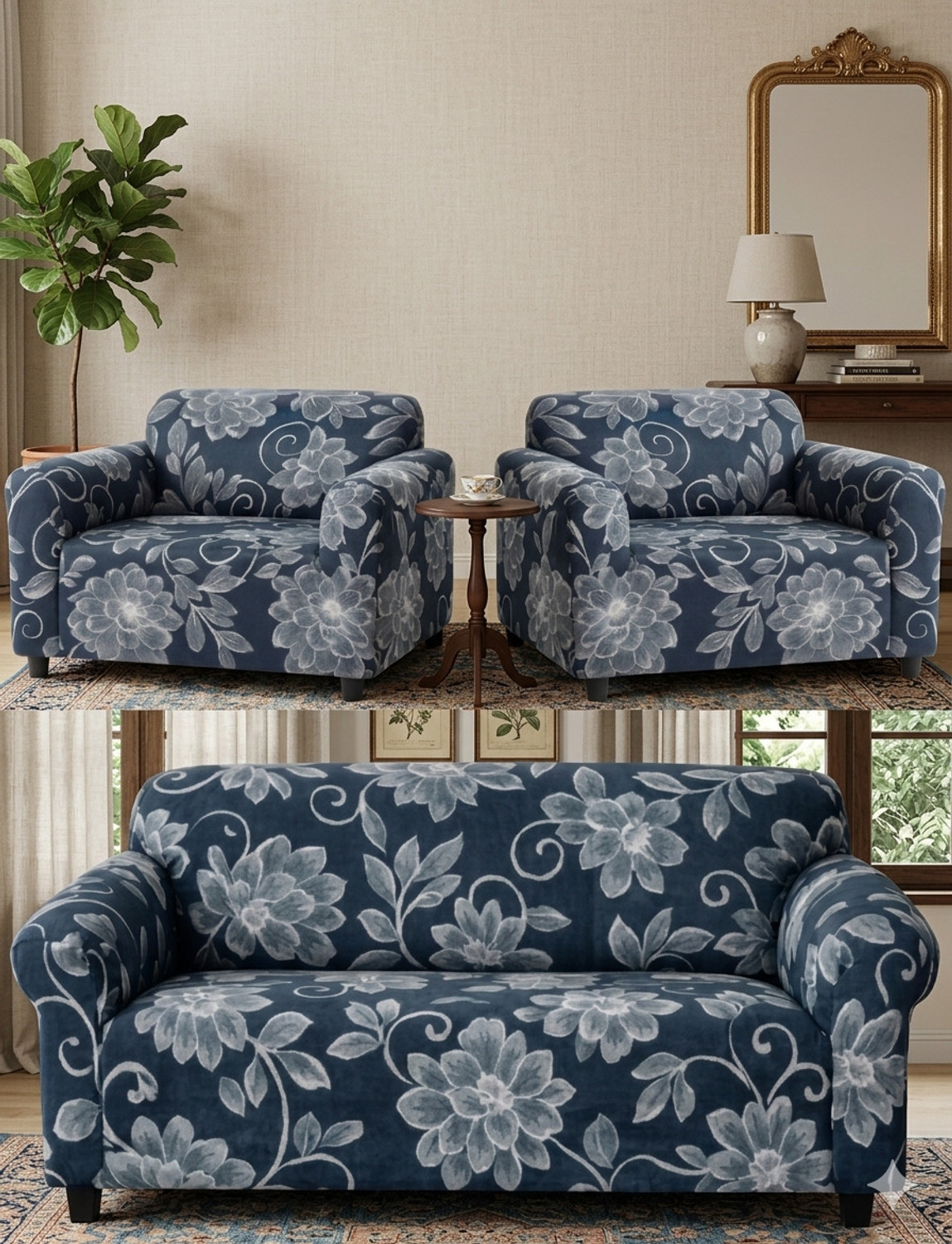 Image of LA MANTTA Polyester 3+1+1 Seater Sofa Floral Cover