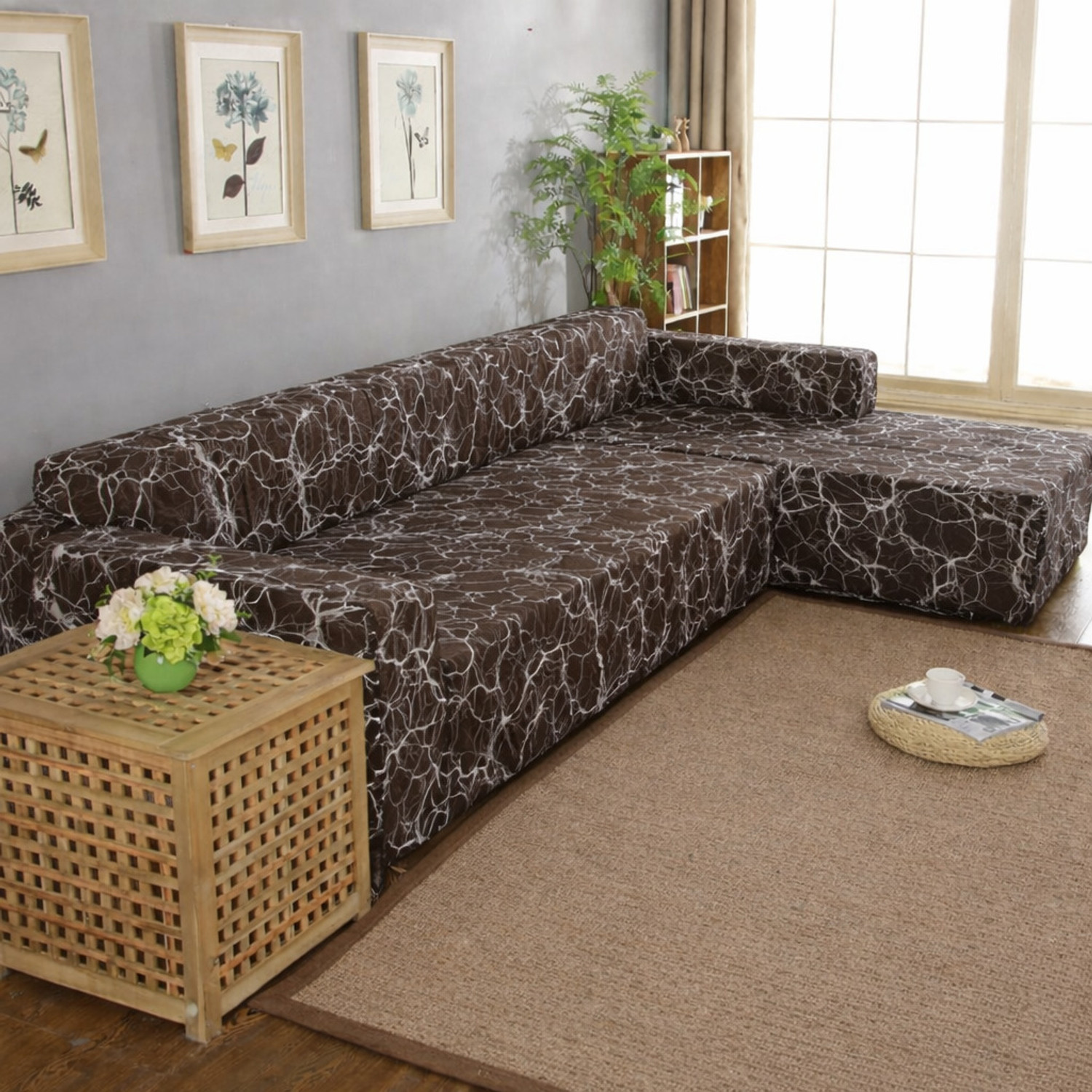 Image of Gifts Island Polyester 3+3 Seater L-Shape Sofa Abstract Cover
