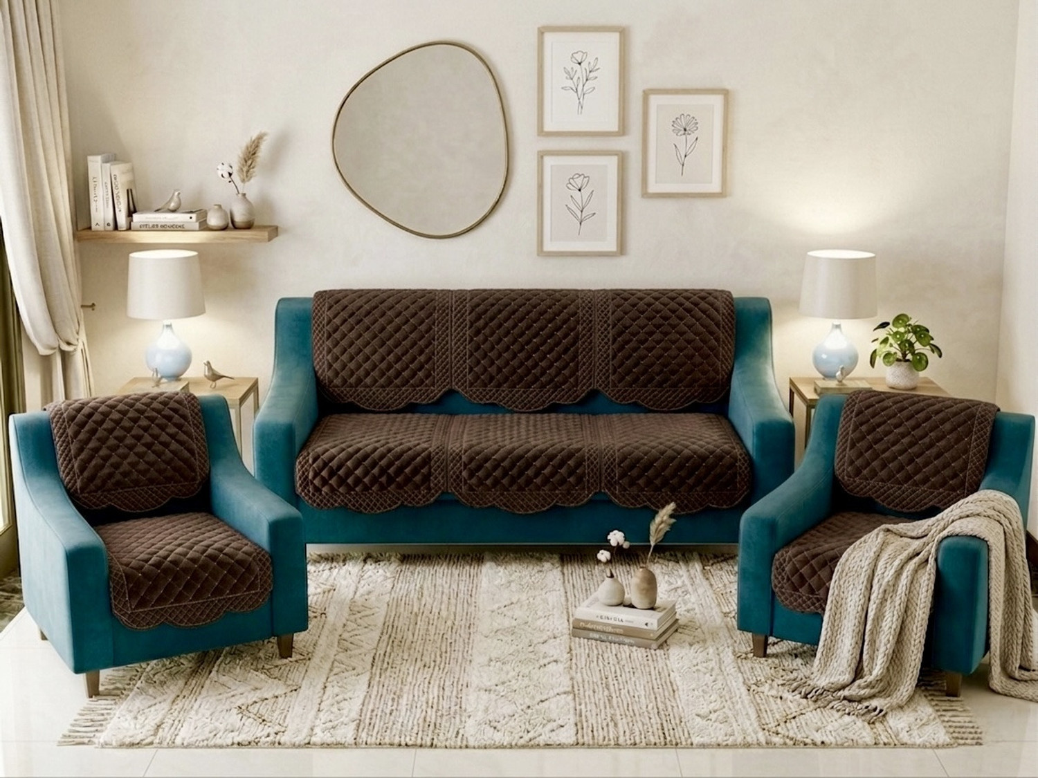 Image of WiseHome Velvet 3+1+1 Seater Sofa Checkered Cover