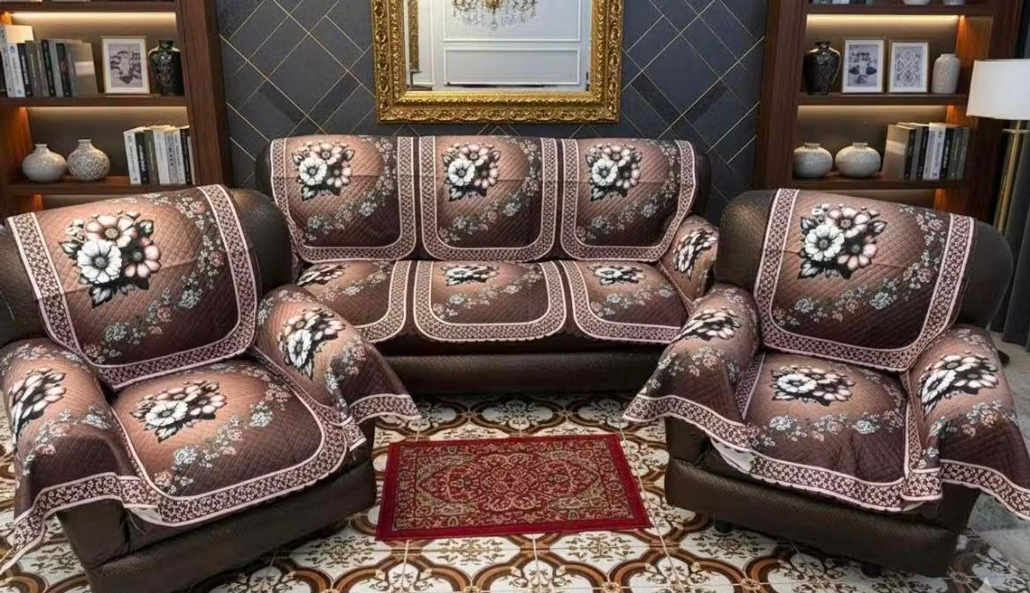 Image of Ucharmsofacover Velvet 3+1+1 Seater Sofa Floral Cover