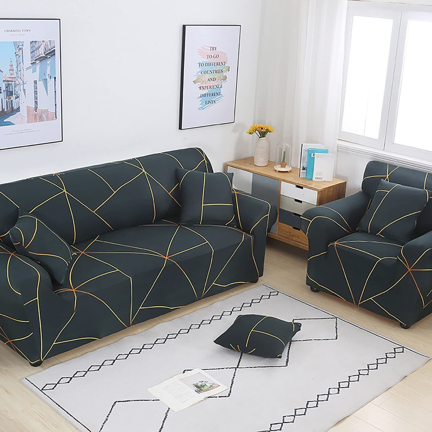 Image of SmartFab Polyester 3+1+1 Seater Sofa Geometric Cover