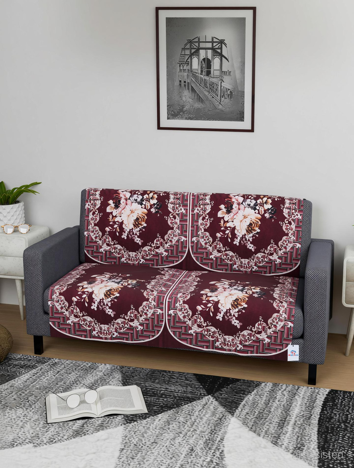 Image of HOMESTIC by Kuber Industries Velvet 2 Seater Sofa Floral Cover