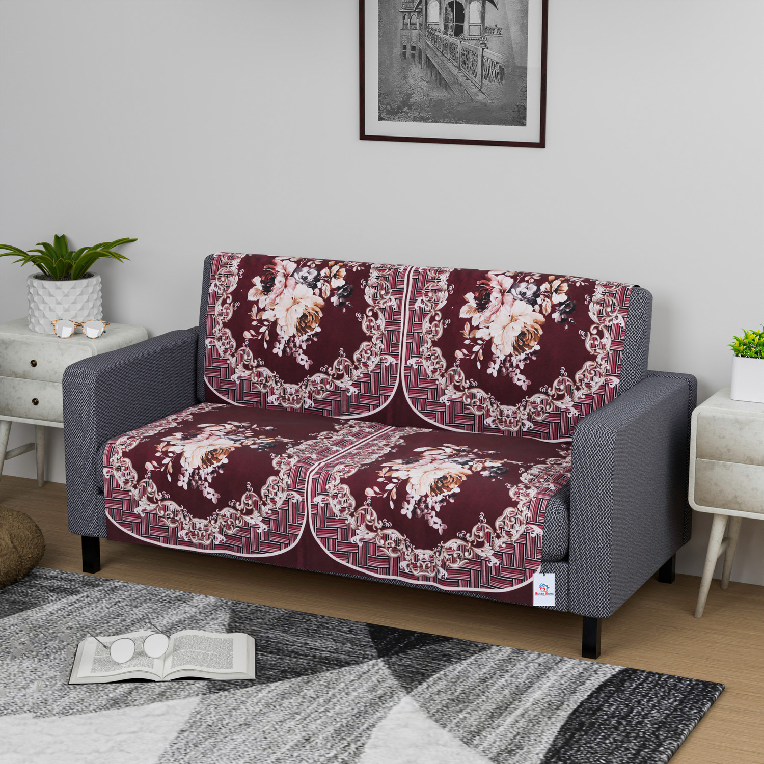 Image of HOMESTIC by Kuber Industries Velvet 2 Seater Sofa Floral Cover
