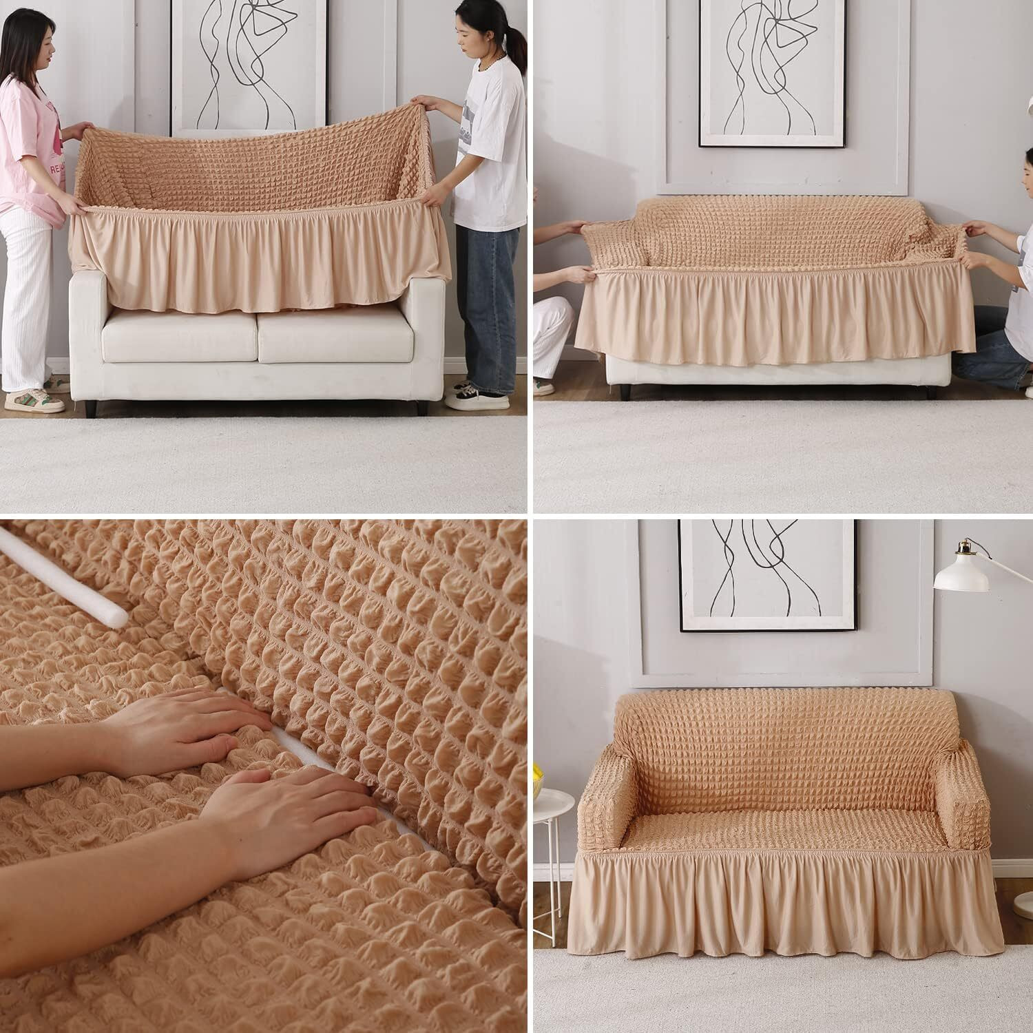 Image of furshine Polyester 3+1+1 Seater Sofa Plain Cover (Pack of 1 Beige)
