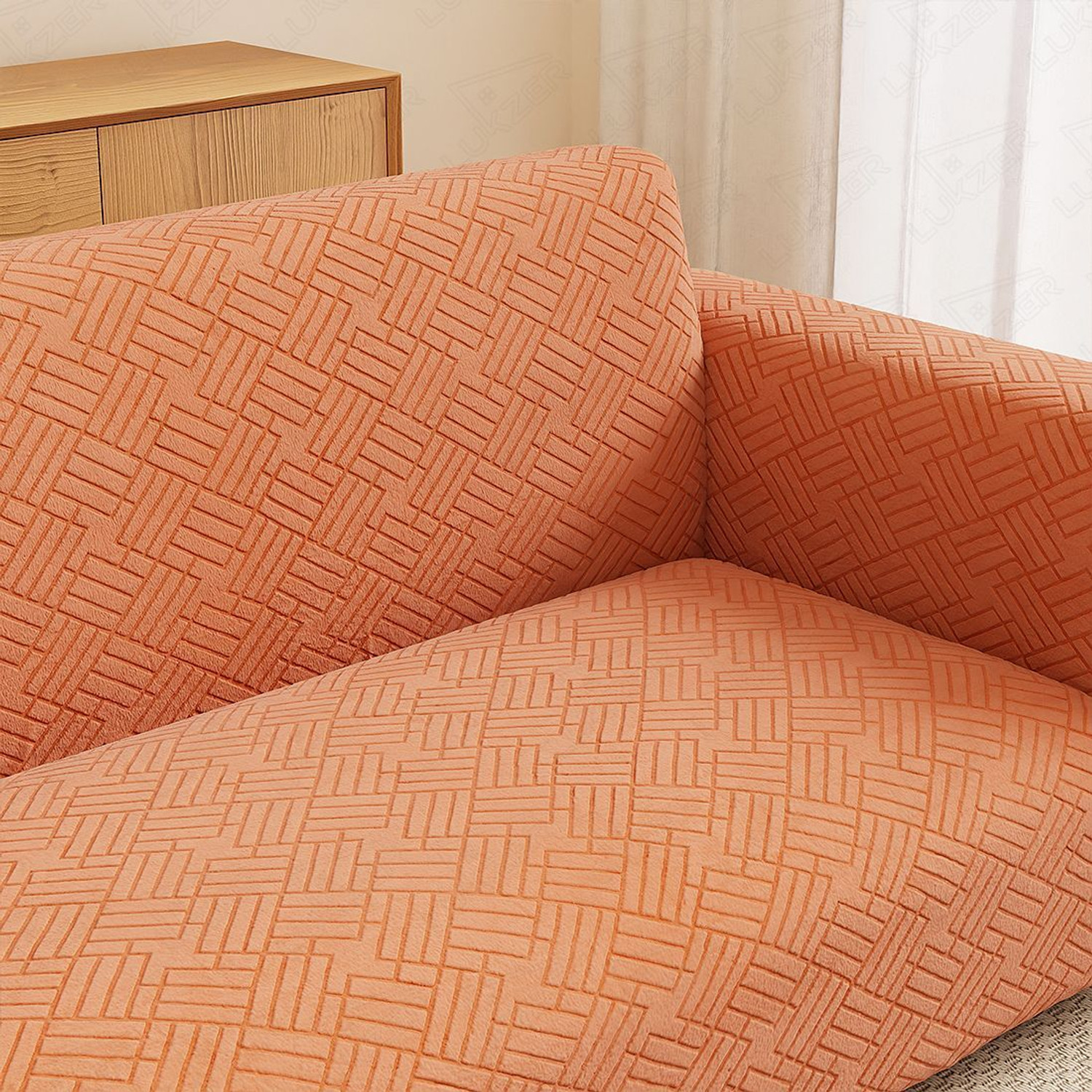 Image of LUKZER Jacquard 3+1+1 Seater Sofa Abstract Cover (Pack of 1 Pastel Orange Abstract Design)
