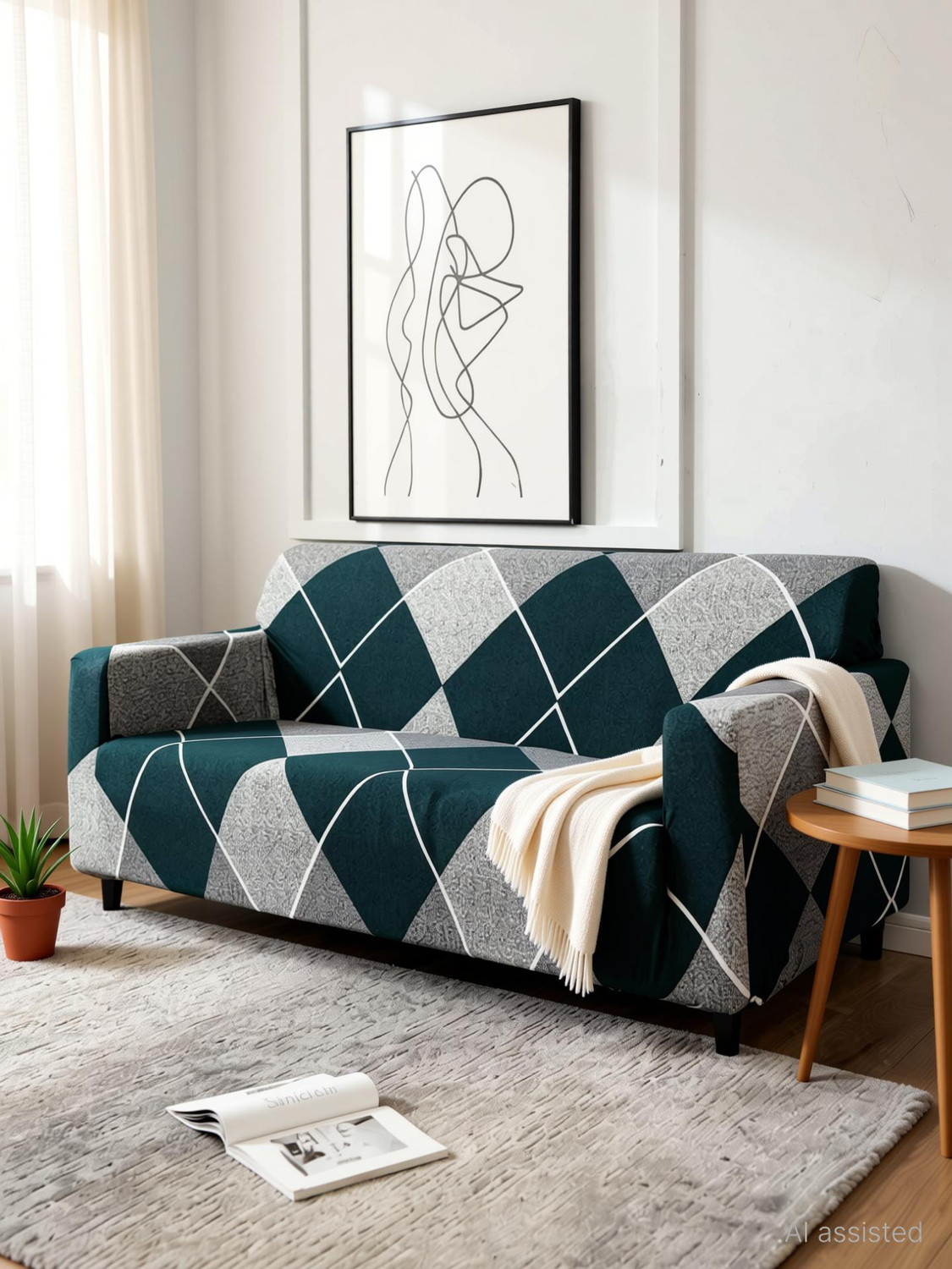 Image of Sinicki Polyester 3 Seater Sofa Geometric Cover