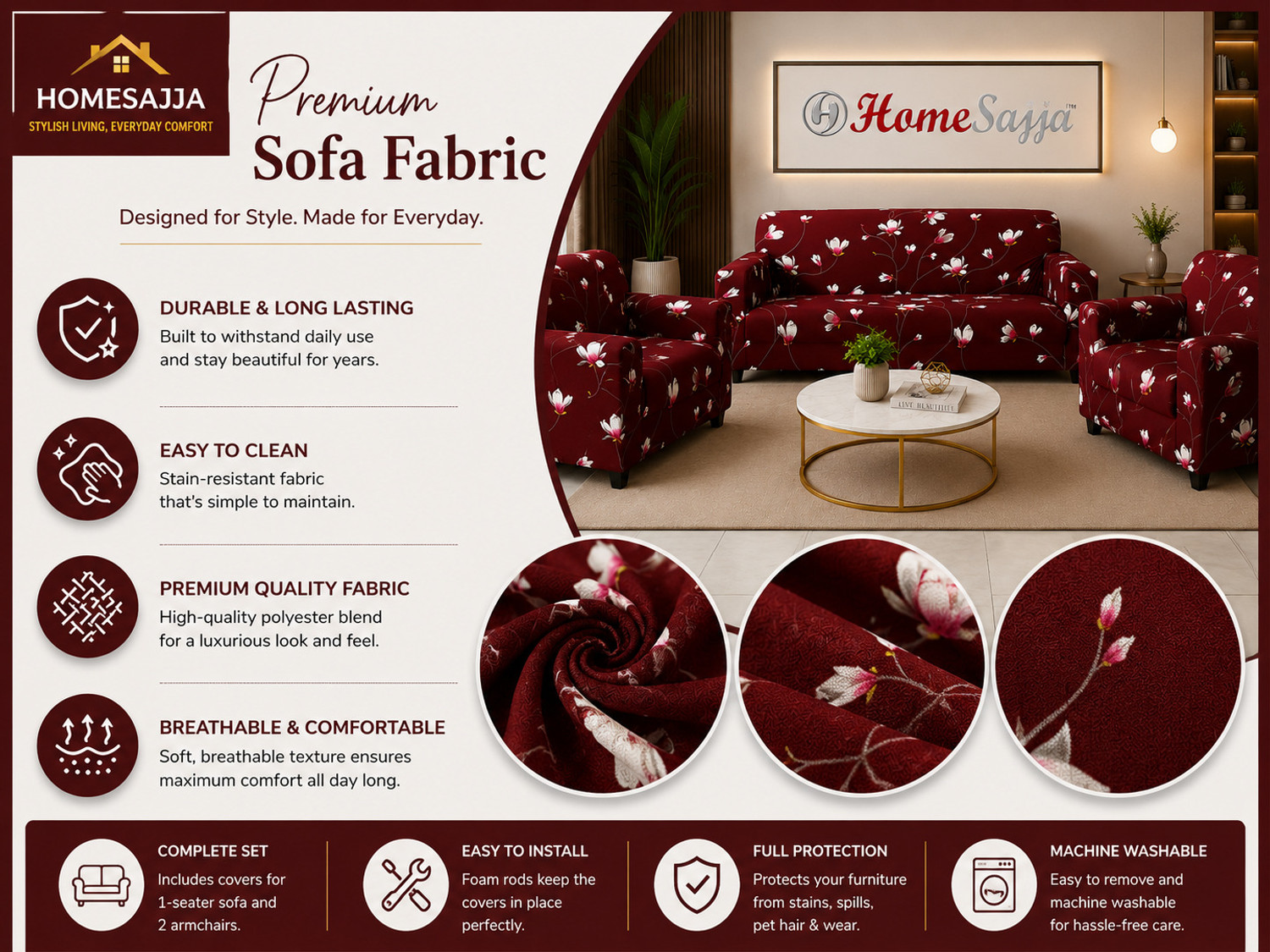 Image of Homesajja Polycotton 3+1+1 Seater Sofa Floral Cover