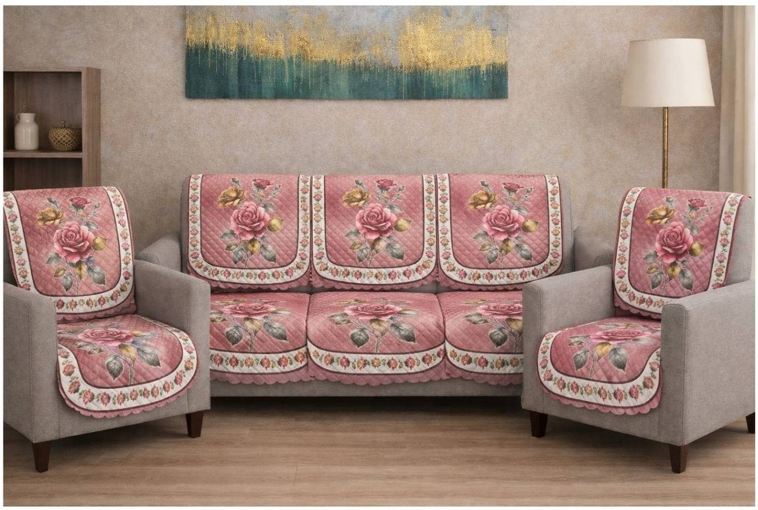 Bhavya Enterprises Velvet 3+1+1 Seater Sofa Floral Cover