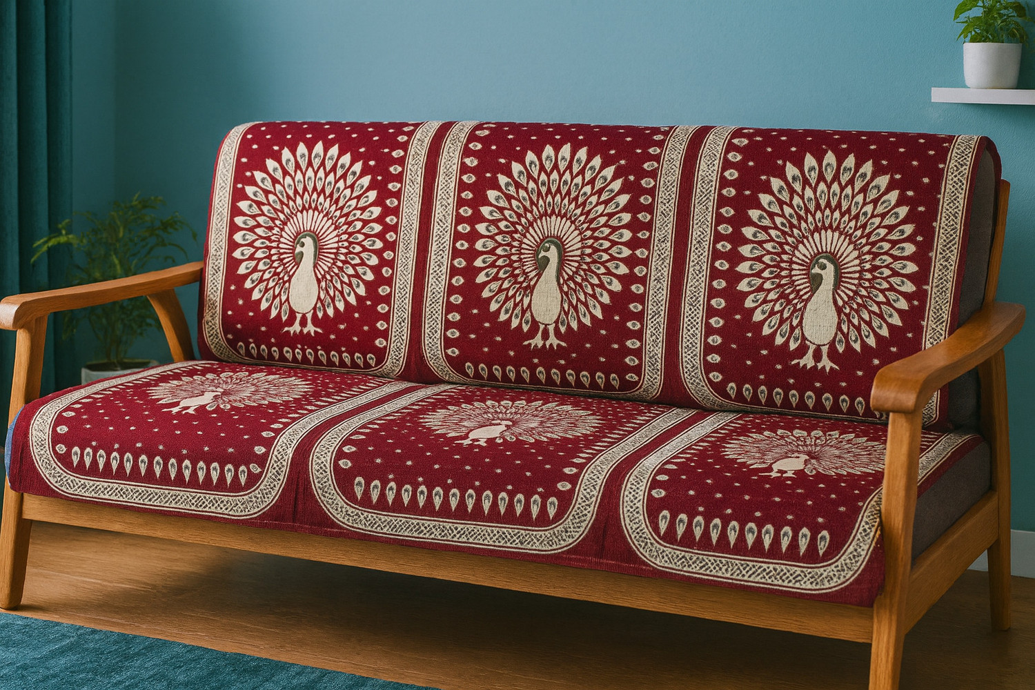 Image of HANICRAFT Cotton 3+1+1 Seater Sofa Animal Cover (Pack of 1 Mehroon)