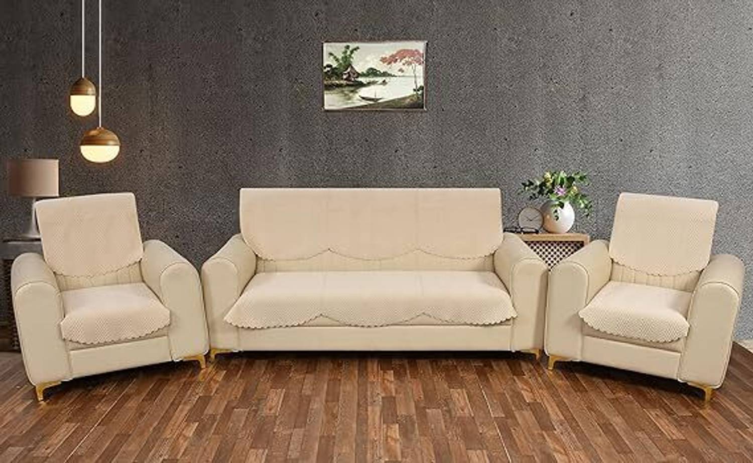 AuraDrape Velvet 3+1+1 Seater Sofa Geometric Cover