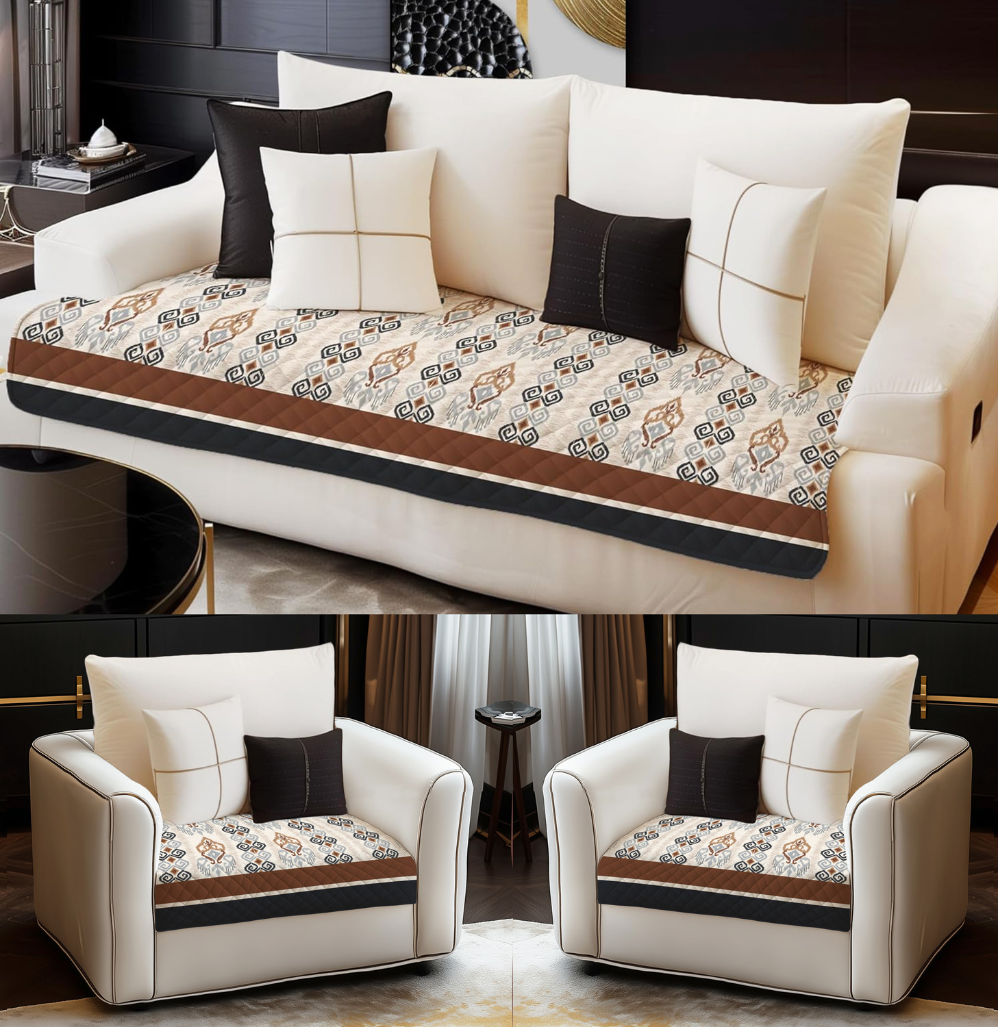 Image of DECORIAN Velvet 3+1+1 Seater Sofa Geometric Cover