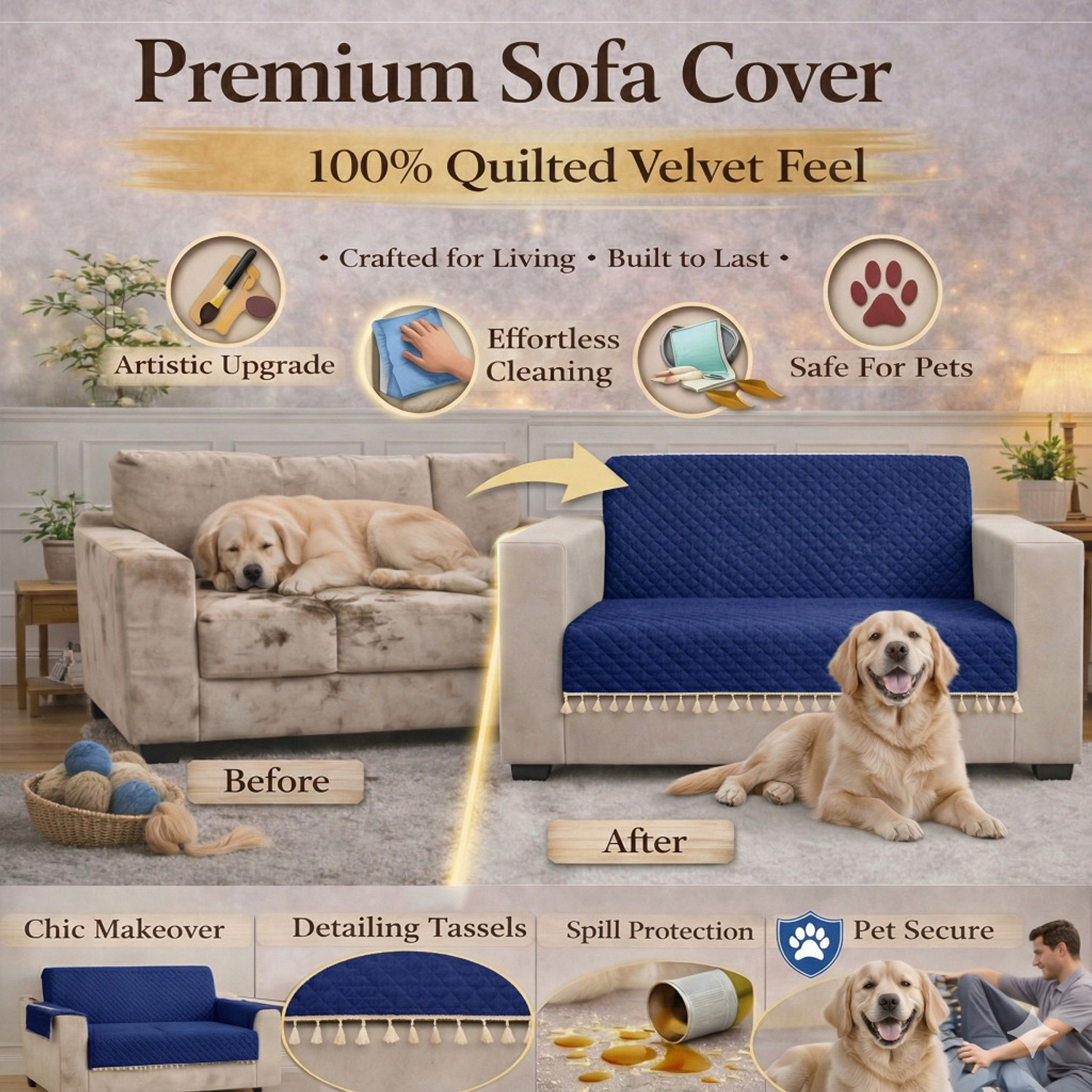 Image of STITCHNEST Velvet 4 Seater Sofa Plain Cover