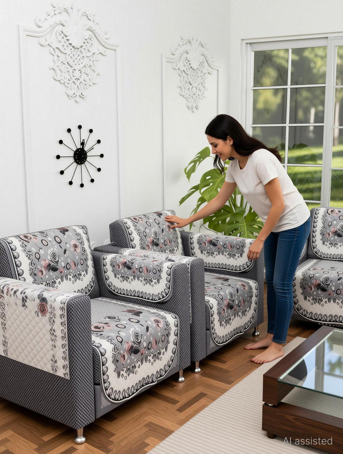 Image of HOMESTIC by Kuber Industries Polyester 3+1+1 Seater Sofa Floral Cover