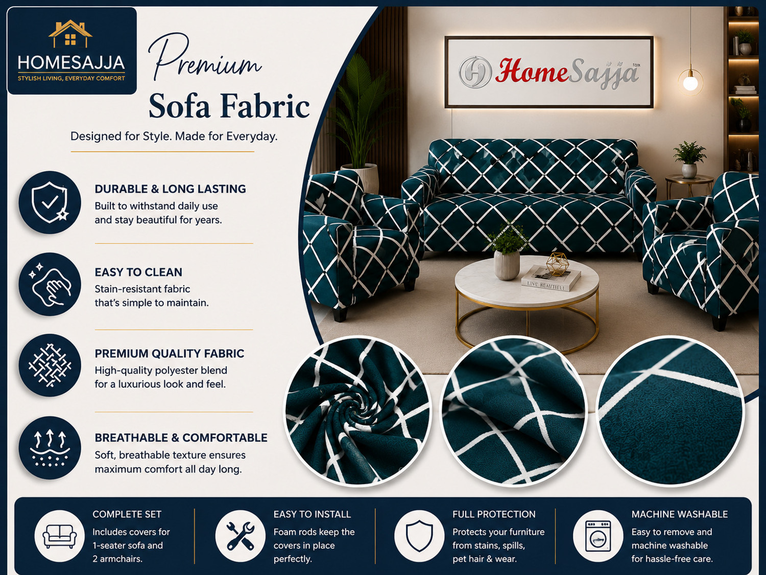 Image of Homesajja Polycotton 3+1+1 Seater Sofa Geometric Cover (Pack of 3 BLUE LINE)