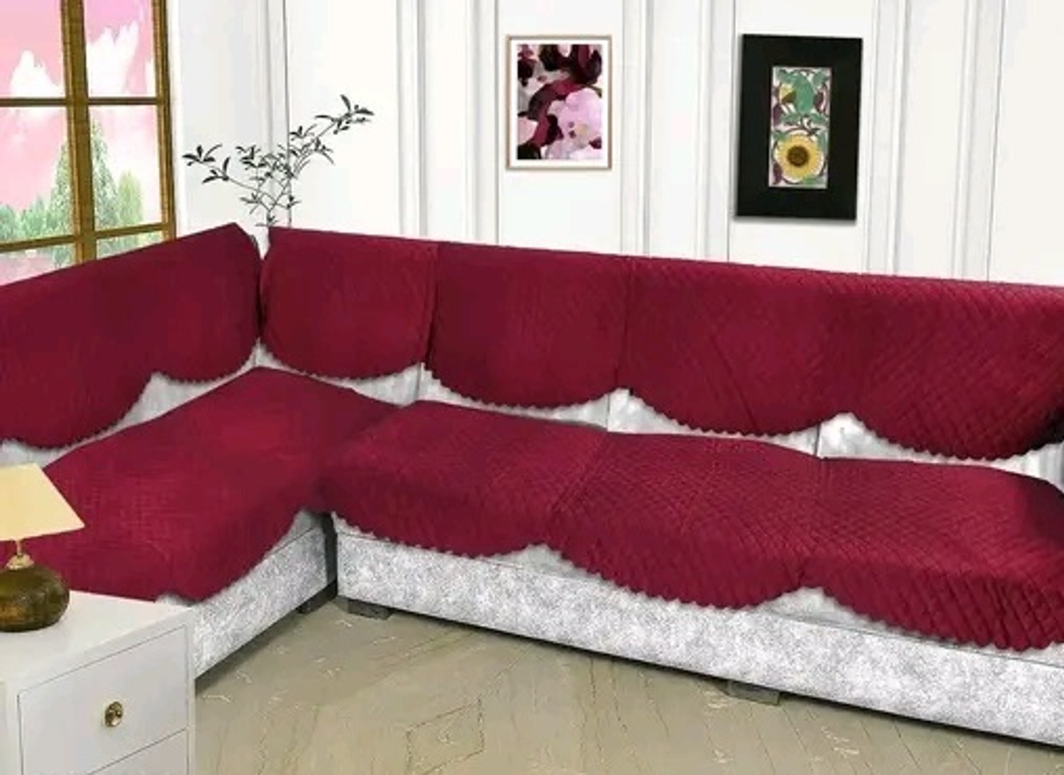 Image of PITLOUM CRAFT Velvet 3+2+2 Seater Sofa Geometric, Plain Cover