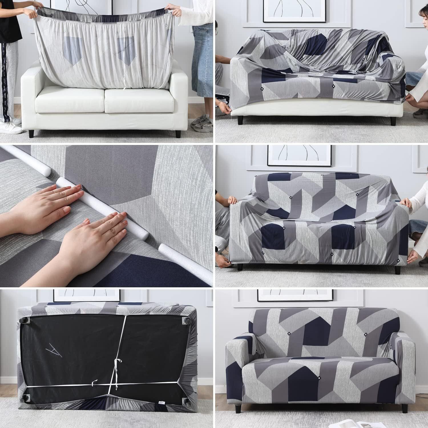 Image of HOKiPO Polyester 3 Seater Sofa Geometric Cover