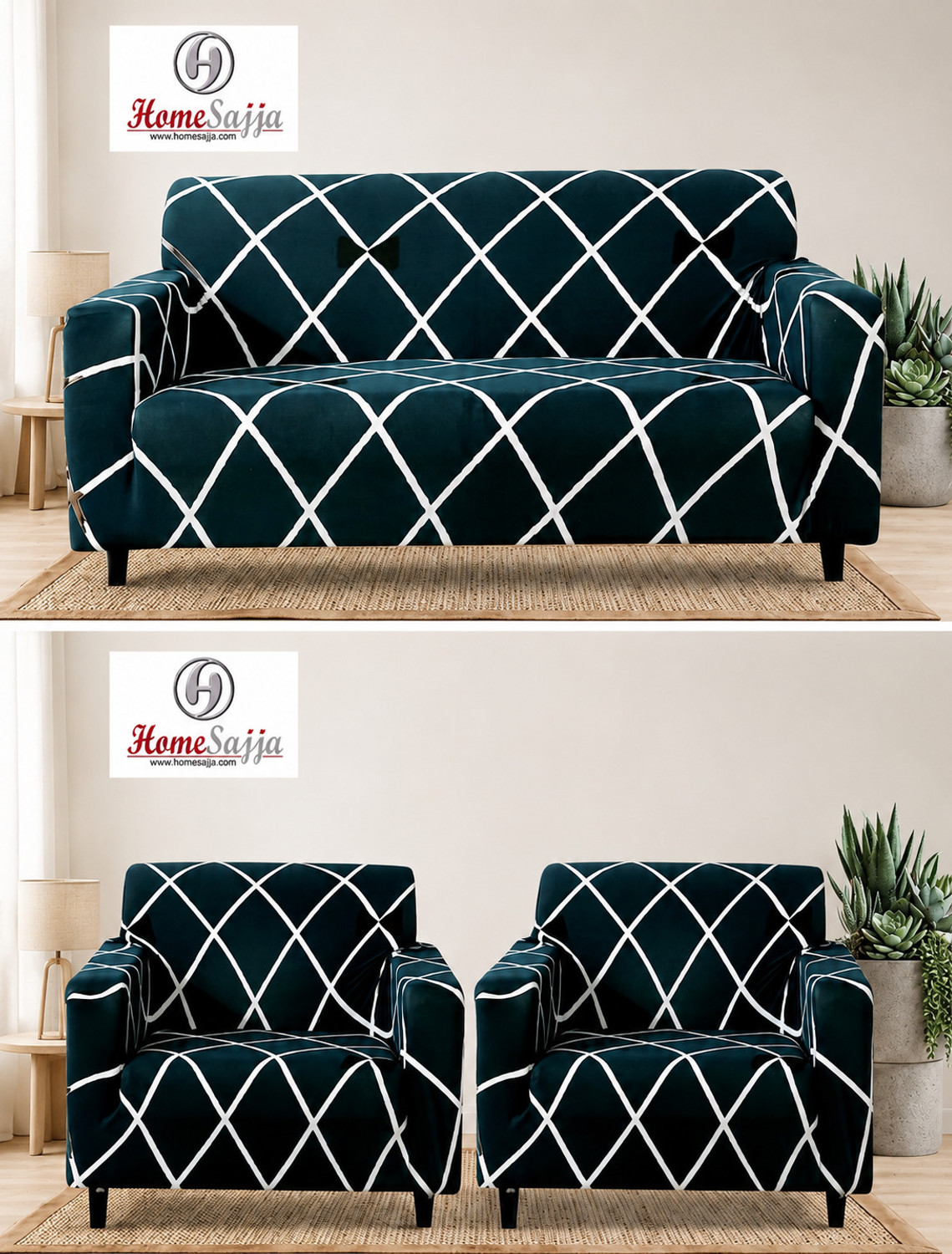 Image of Homesajja Polycotton 3+1+1 Seater Sofa Geometric Cover (Pack of 3 BLUE LINE)
