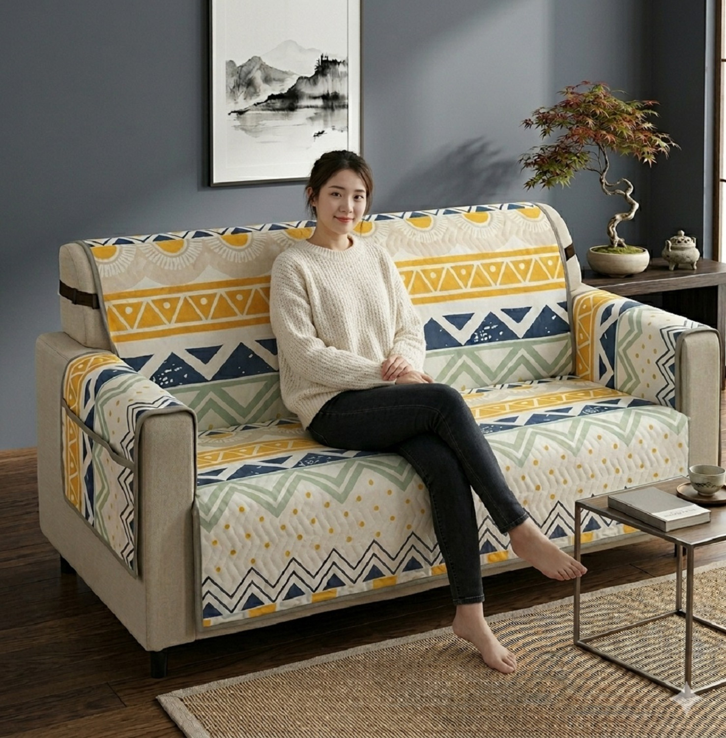 Image of INHOME DECOR Polyester 3 Seater Sofa Floral Cover