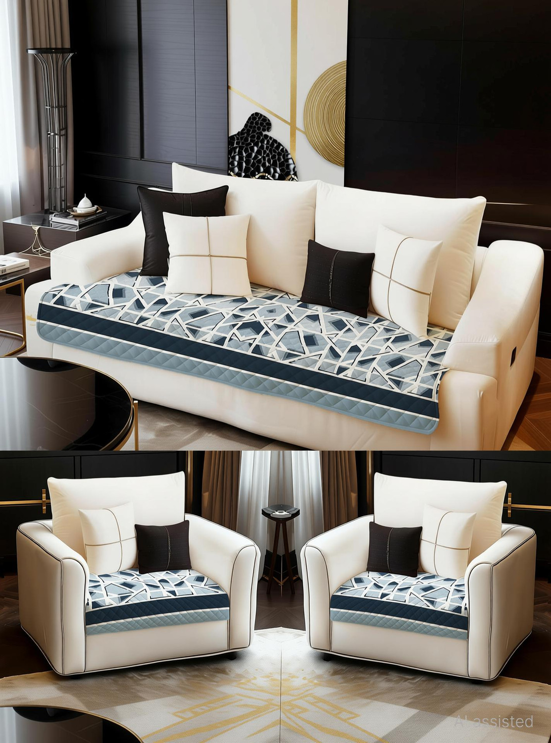 Image of DECORIAN Velvet 3+1+1 Seater Sofa Geometric Cover