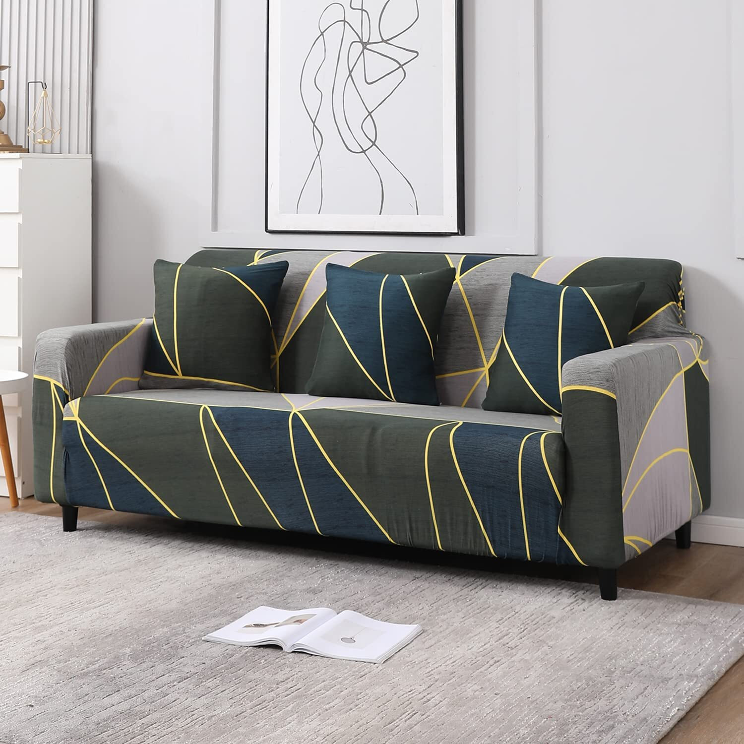 Image of HOKiPO Polyester 3 Seater Sofa Geometric Cover