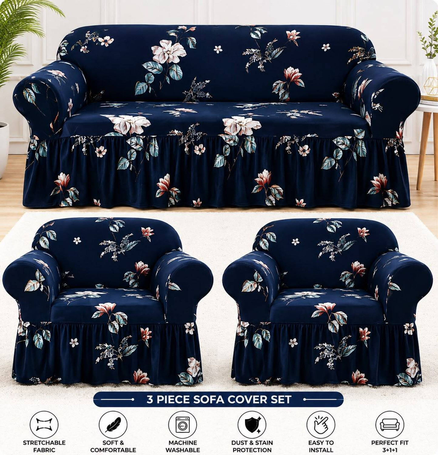 Image of Tetra Polyester 3+1+1 Seater Sofa Floral Cover